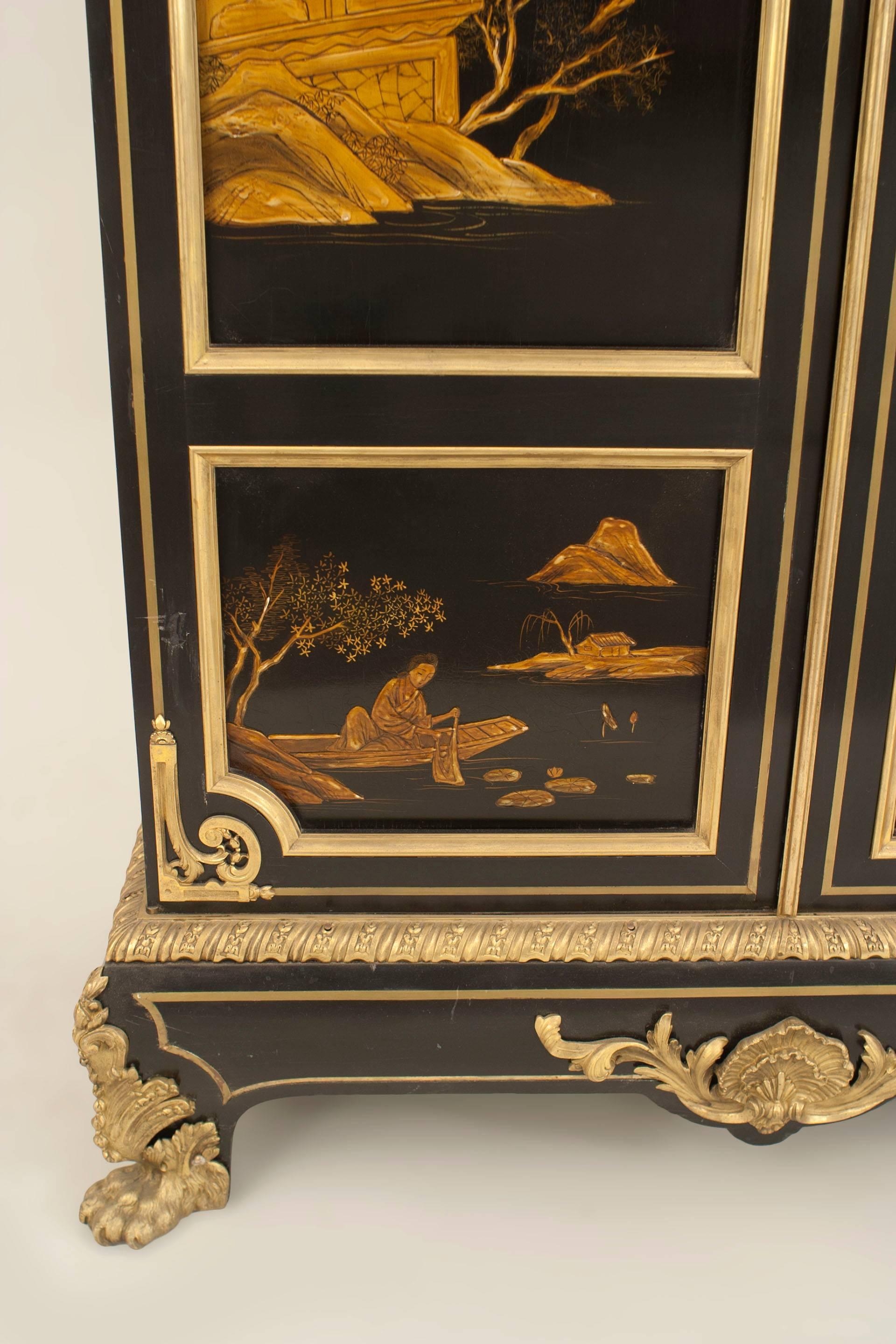 French Victorian Black Lacquered Chinoiserie Armoire 10