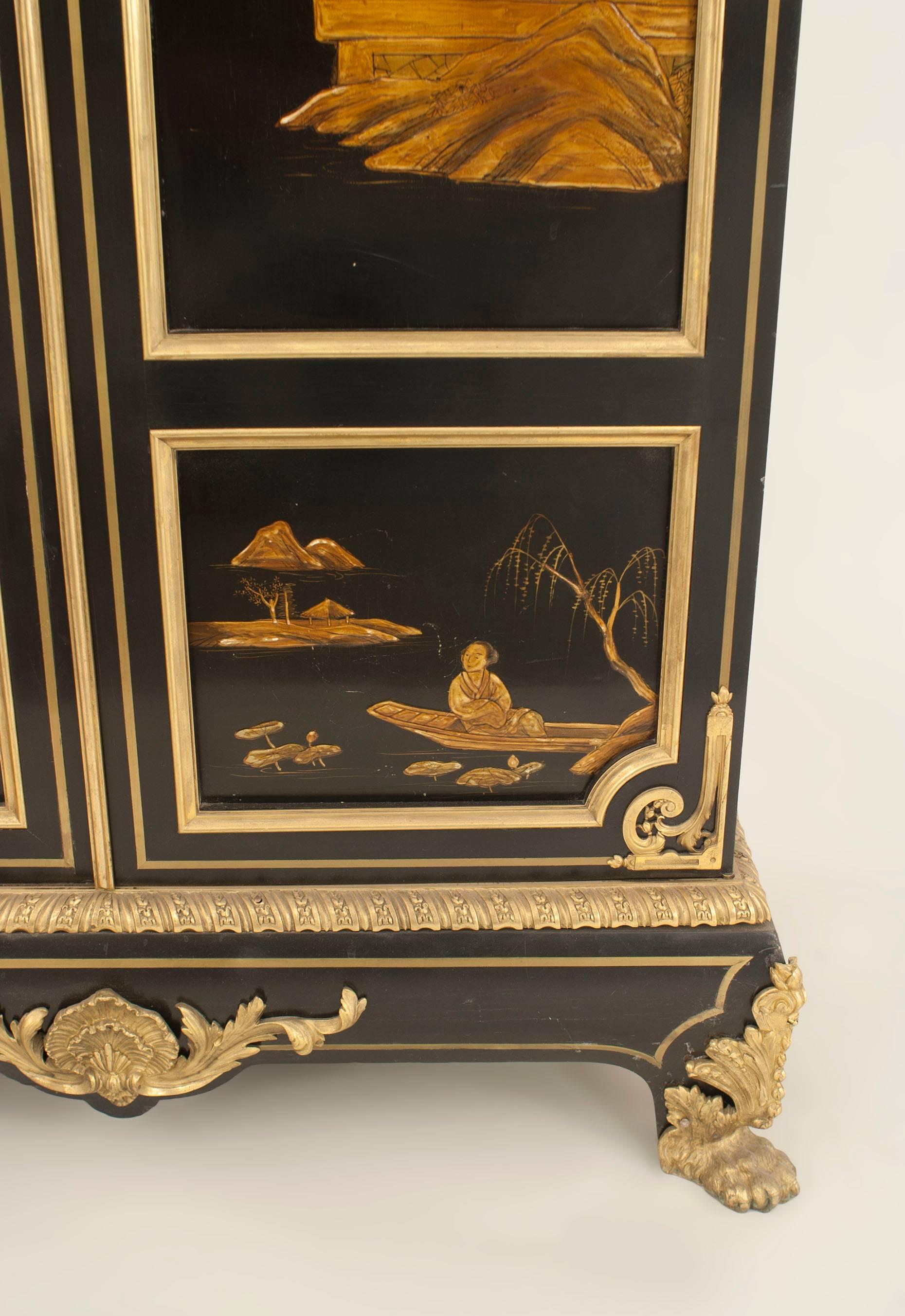 French Victorian Black Lacquered Chinoiserie Armoire 11