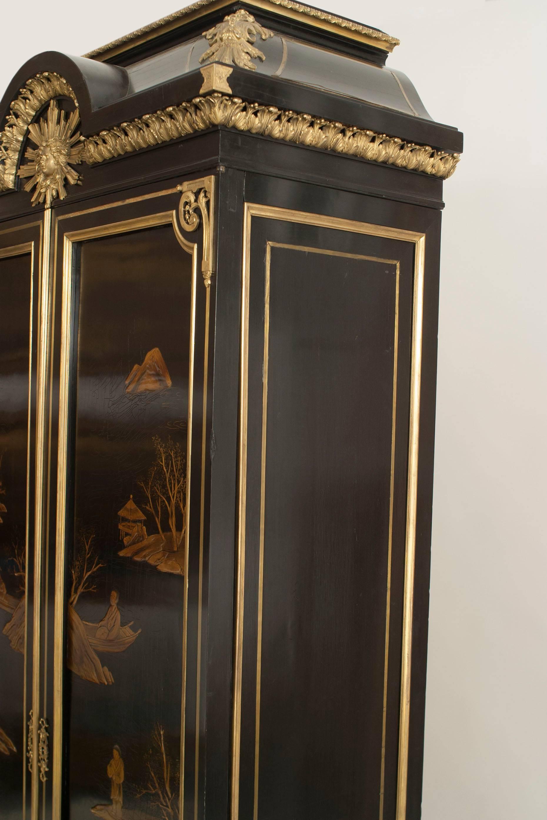 Bronze French Victorian Black Lacquered Chinoiserie Armoire