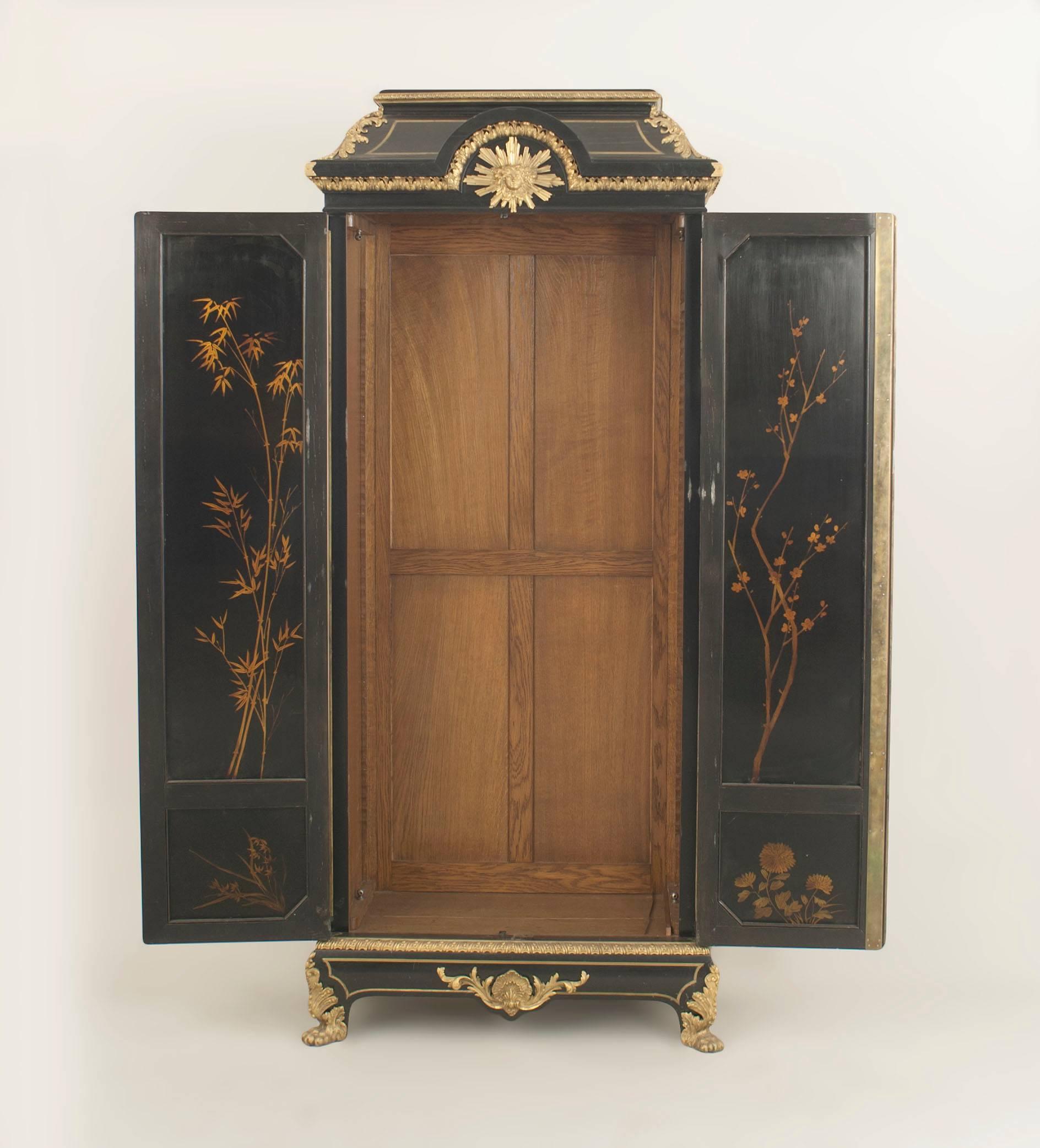 French Victorian Black Lacquered Chinoiserie Armoire 1