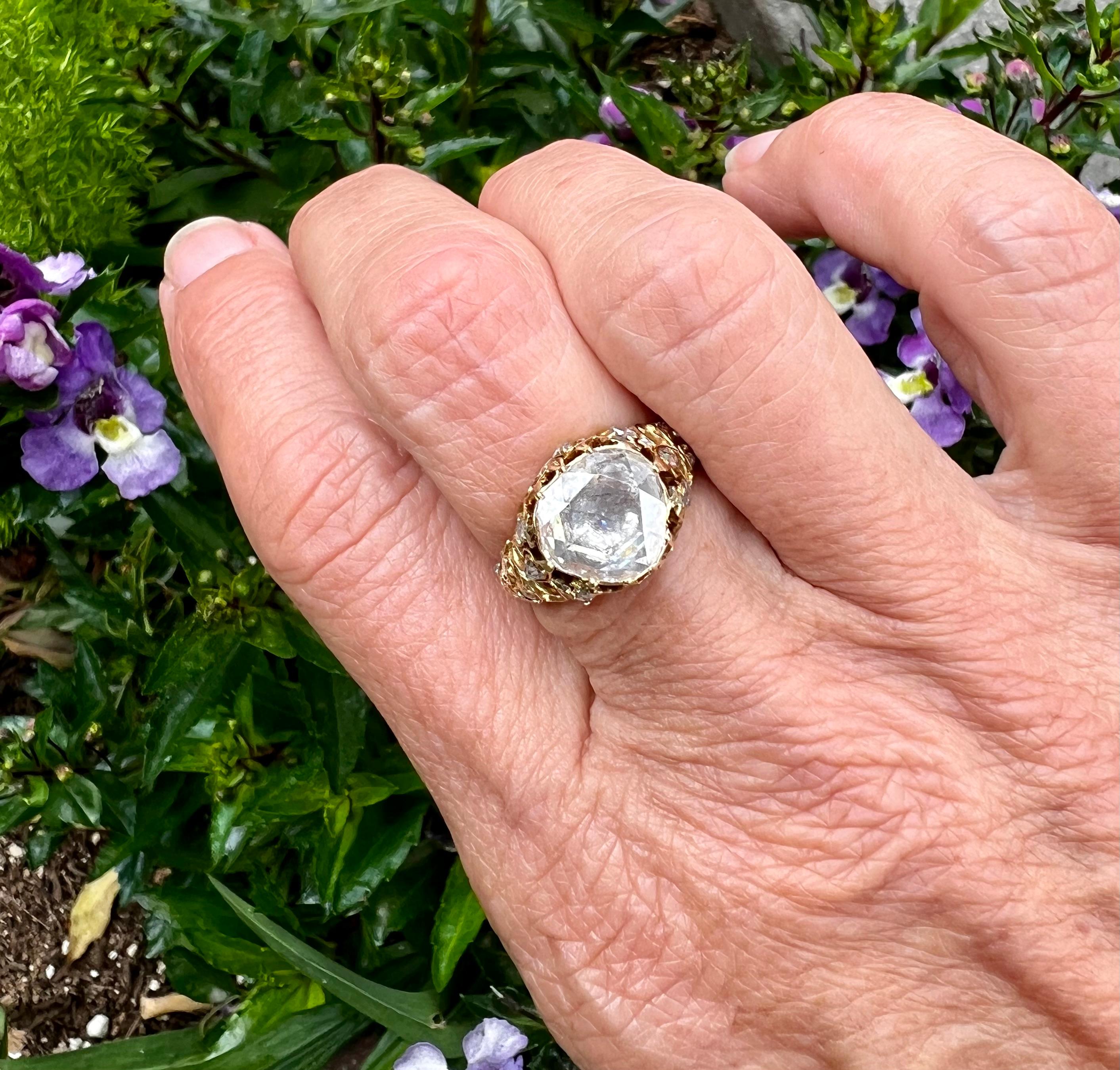 French Victorian 2.7 Carat Rose Cut Diamond Ring  in 18 Karat Yellow Gold In Excellent Condition For Sale In Berkeley, CA
