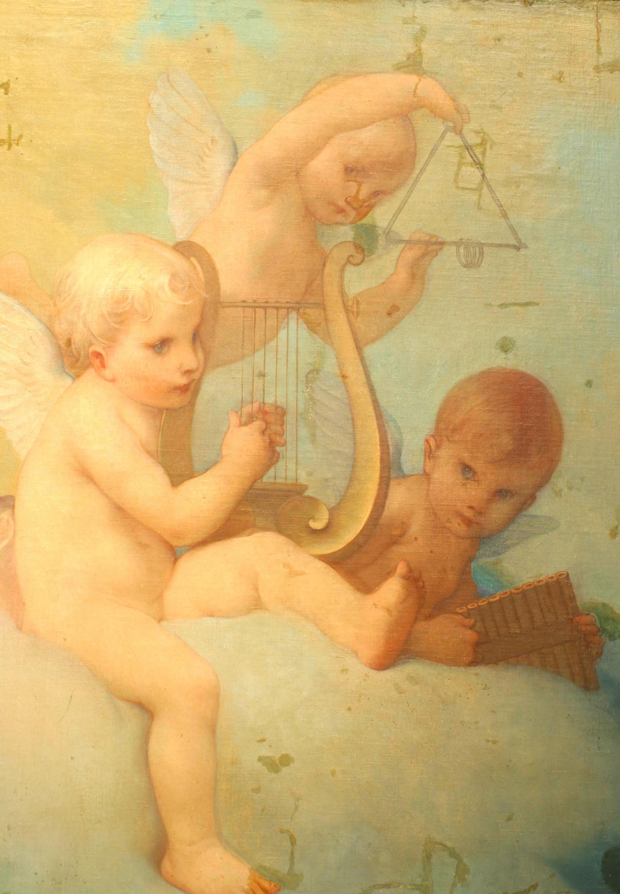 French Victorian style gilt framed oil painting of 3 cupids in clouds with lyre (C. Gallans, 1881)