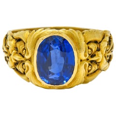 French Victorian 3.00 Carat No Heat Burma Sapphire 18 Karat Gold Anemoi God of W