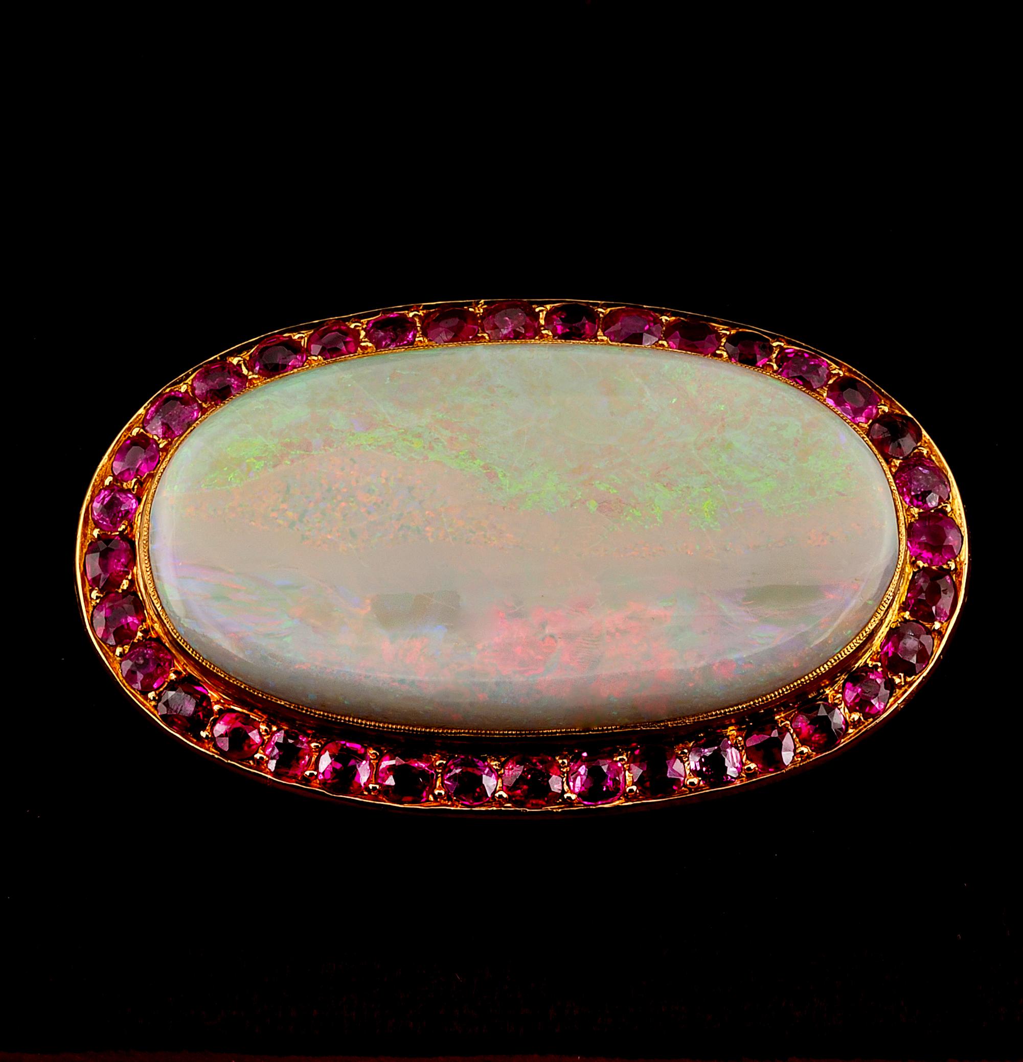 Rare Find
This truly unique large brooch is Victorian period, France 1890 ca – bearing French hallmarks from the period
Impressive 39.00 Ct Natural Australian Opal, rare size to come across set in this stunning period brooch in a simple yet