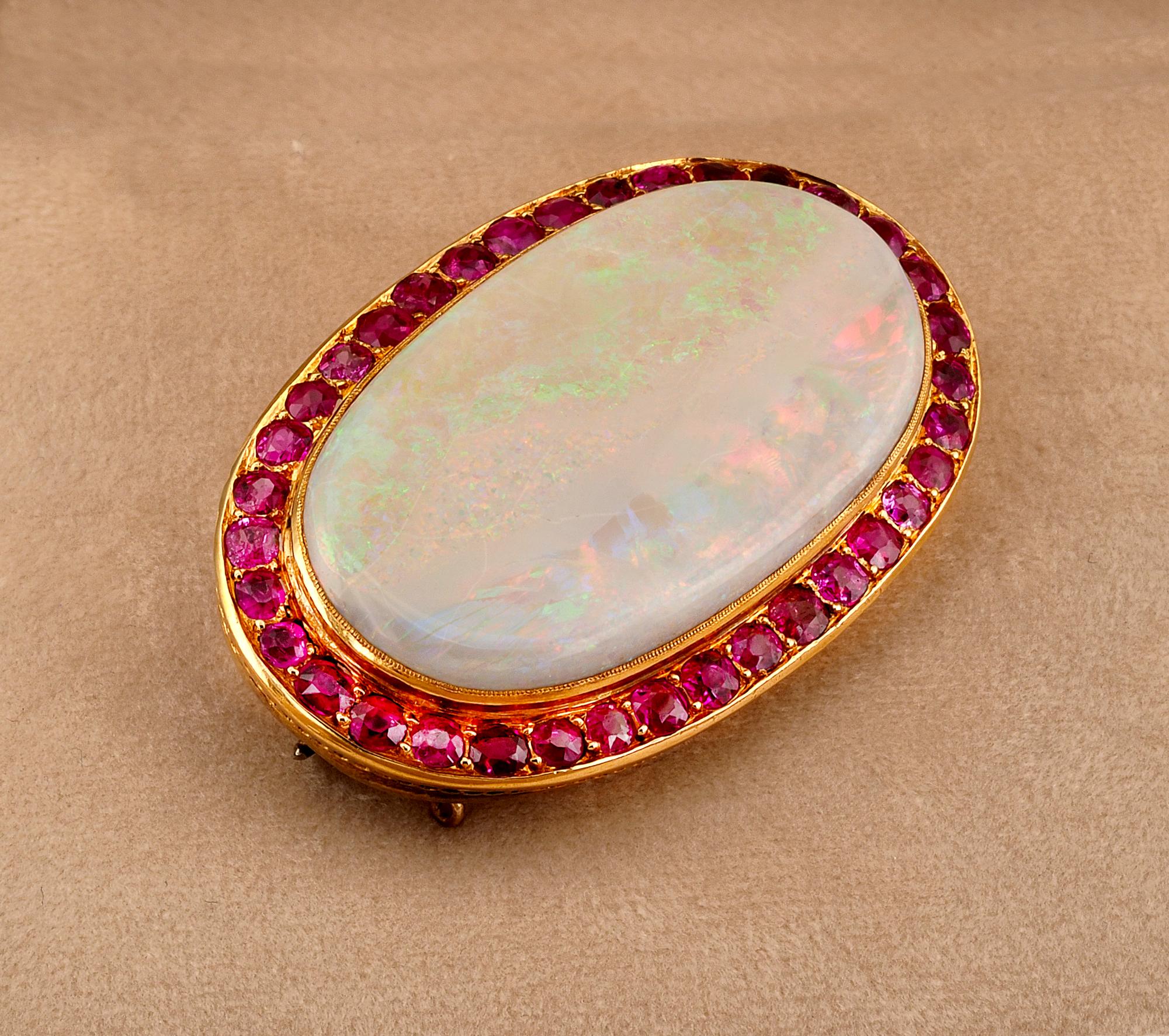 Cabochon French Victorian 39.00 Ct Australian Opal 6.00 Ct Rubies Large Brooch For Sale