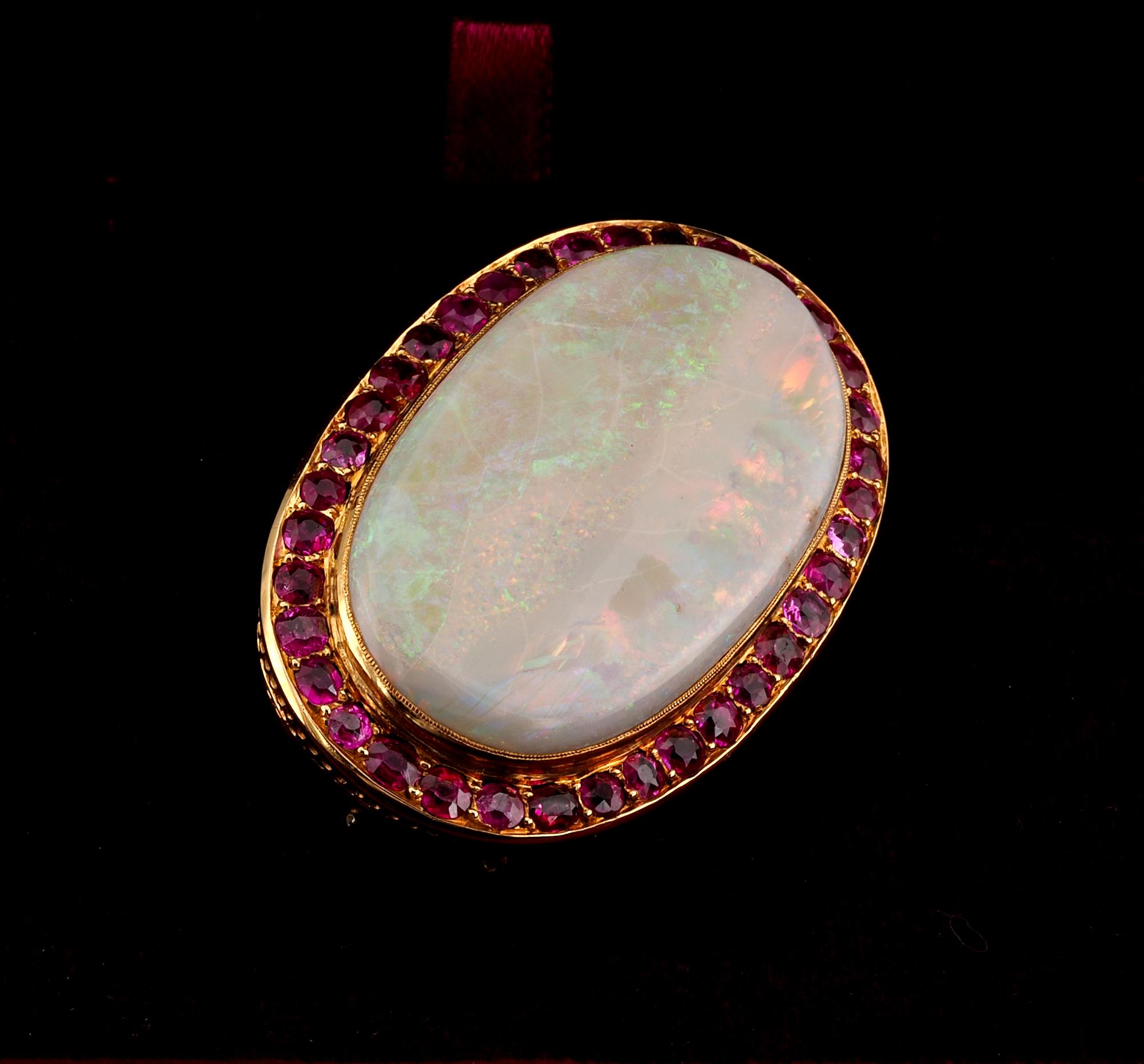 French Victorian 39.00 Ct Australian Opal 6.00 Ct Rubies Large Brooch In Good Condition For Sale In Napoli, IT