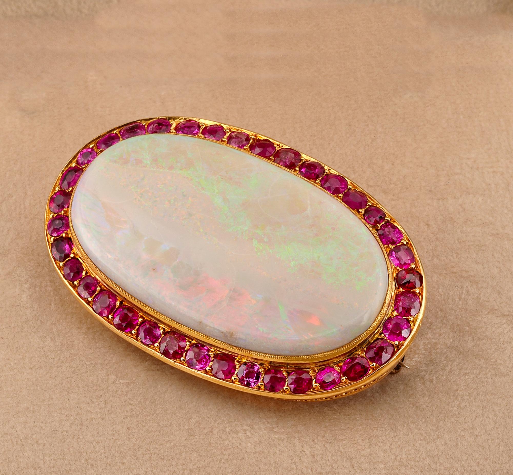Women's French Victorian 39.00 Ct Australian Opal 6.00 Ct Rubies Large Brooch For Sale