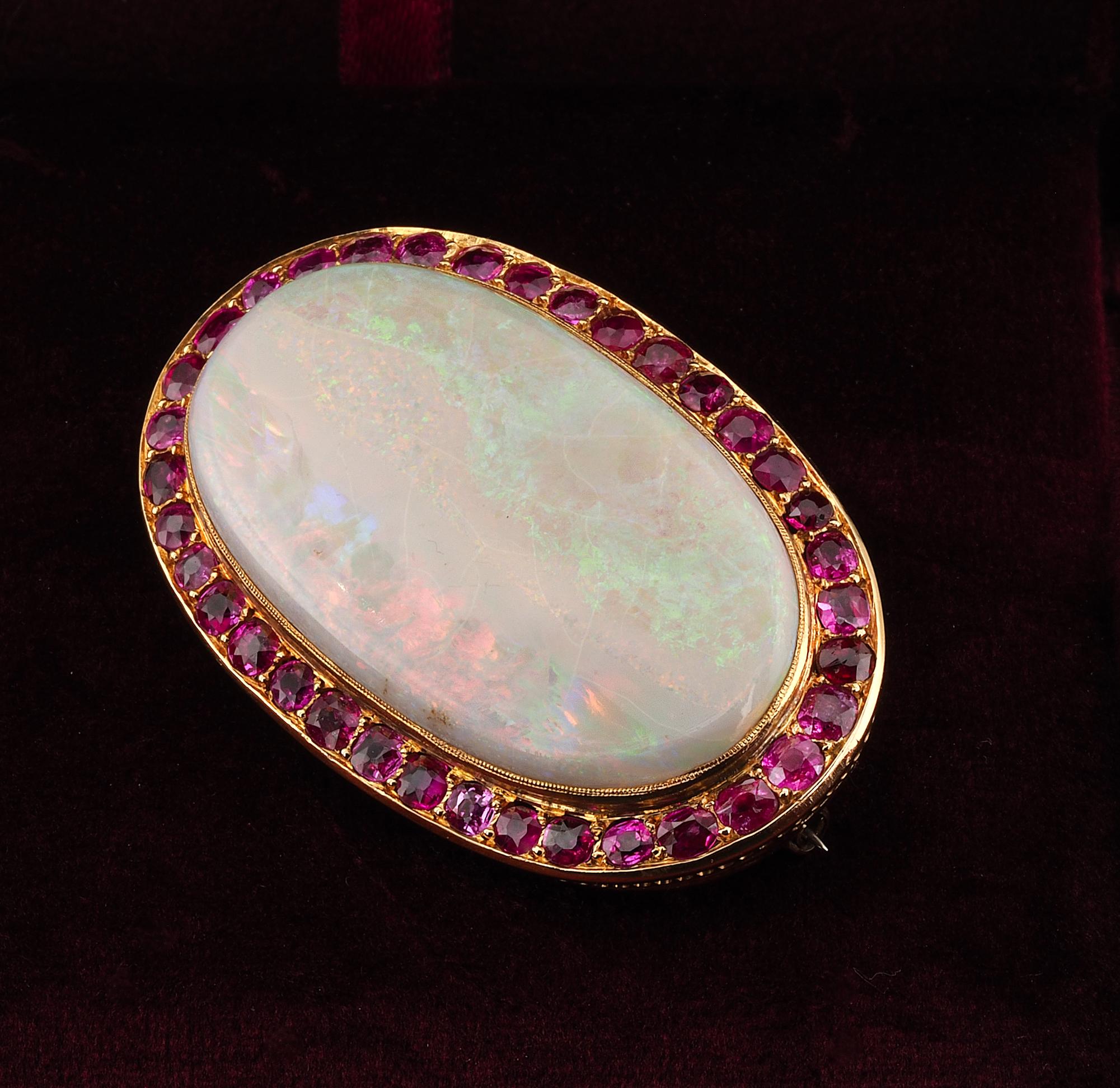 French Victorian 39.00 Ct Australian Opal 6.00 Ct Rubies Large Brooch For Sale 1