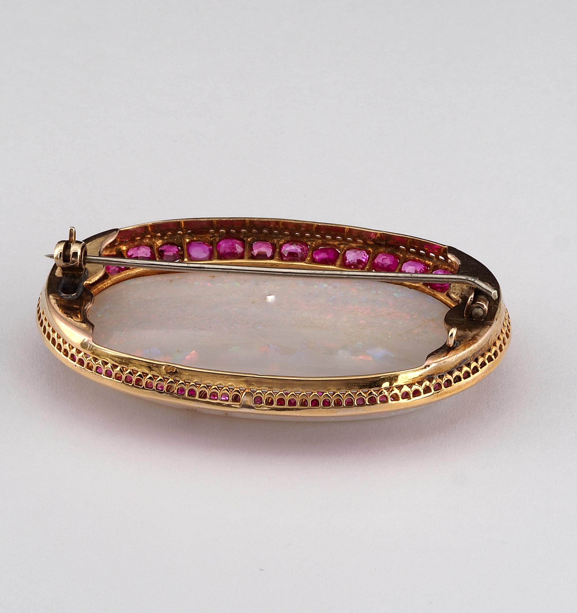 French Victorian 39.00 Ct Australian Opal 6.00 Ct Rubies Large Brooch For Sale 2