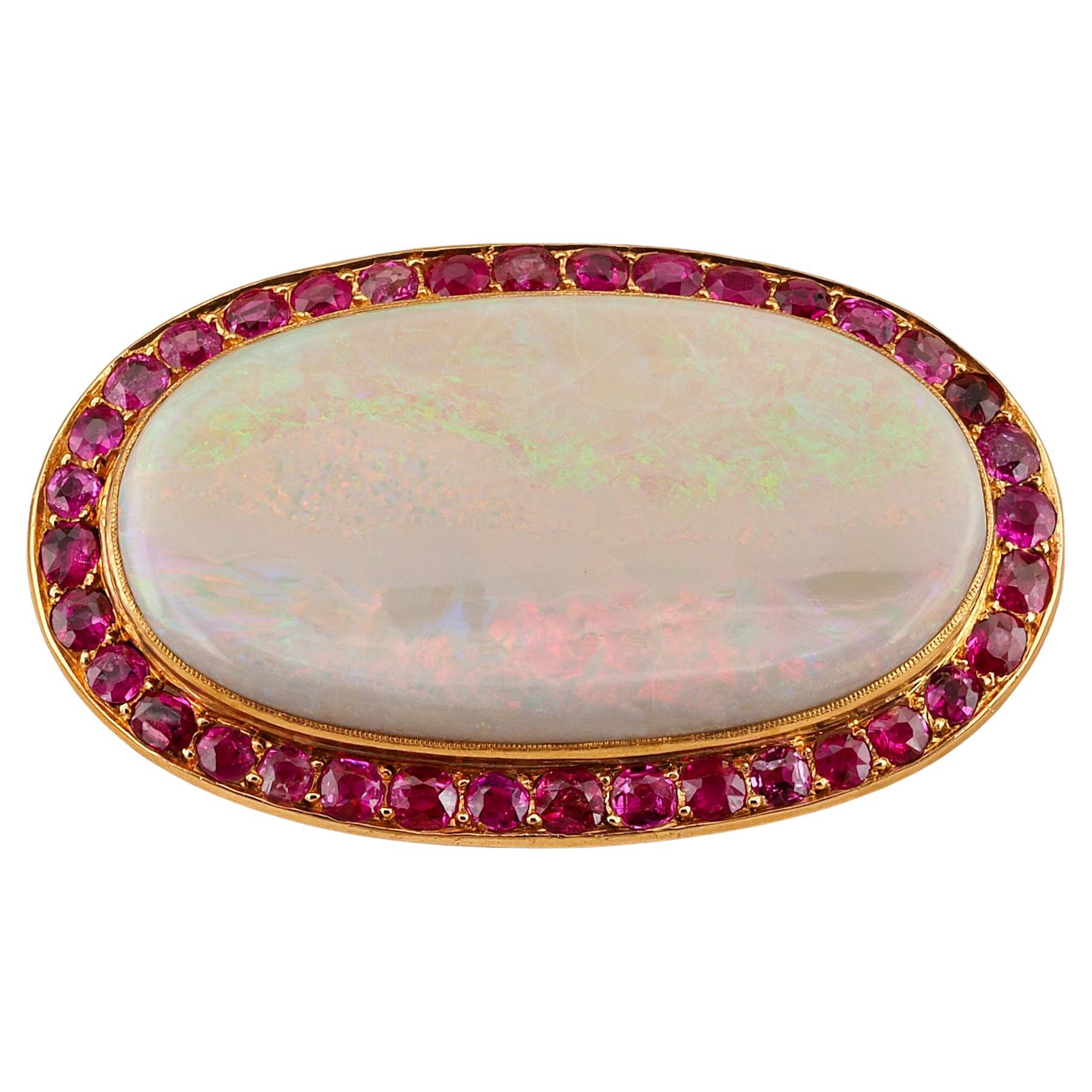 French Victorian 39.00 Ct Australian Opal 6.00 Ct Rubies Large Brooch For Sale
