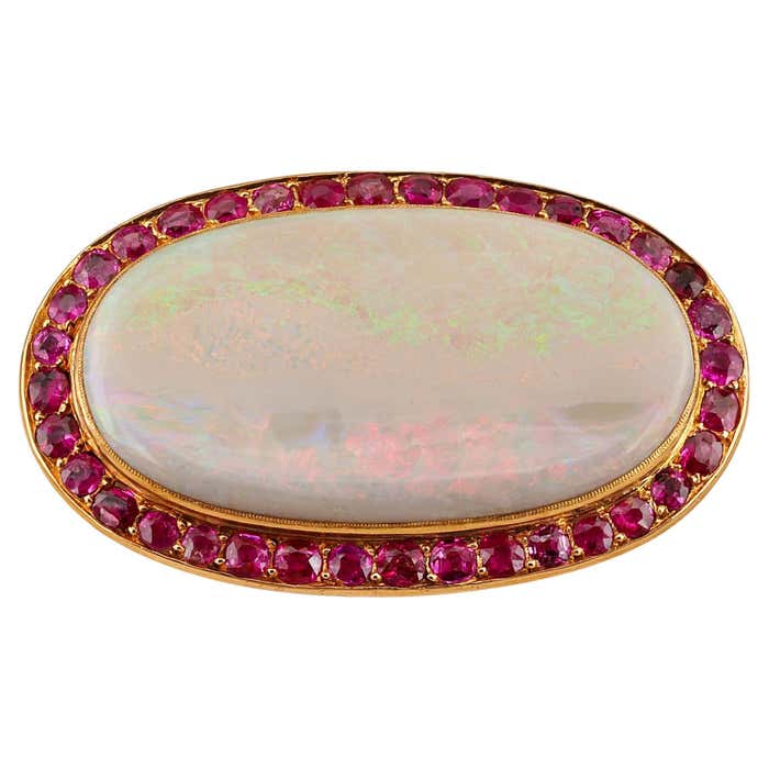 French Victorian 39.00 Ct Australian Opal 6.00 Ct Rubies Large Brooch ...