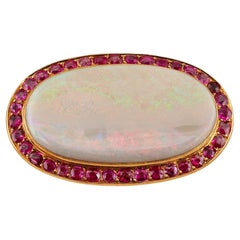 French Victorian 39.00 Ct Australian Opal 6.00 Ct Rubies Large Brooch