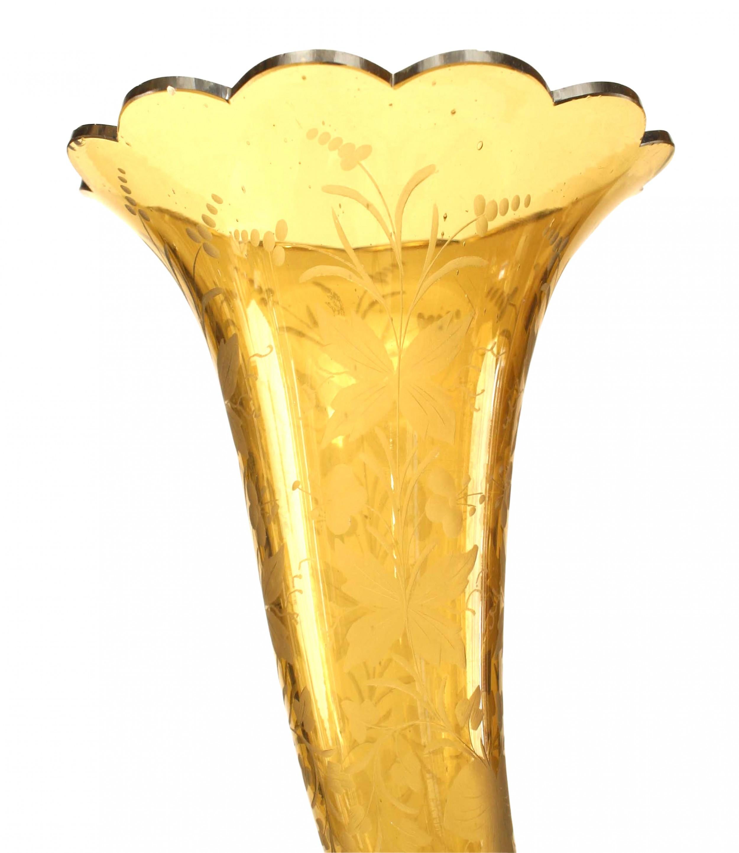 French Victorian amber crystal vase with scalloped edge, & overall etched with foliate detail and mounted on a gilt bronze scroll form base.