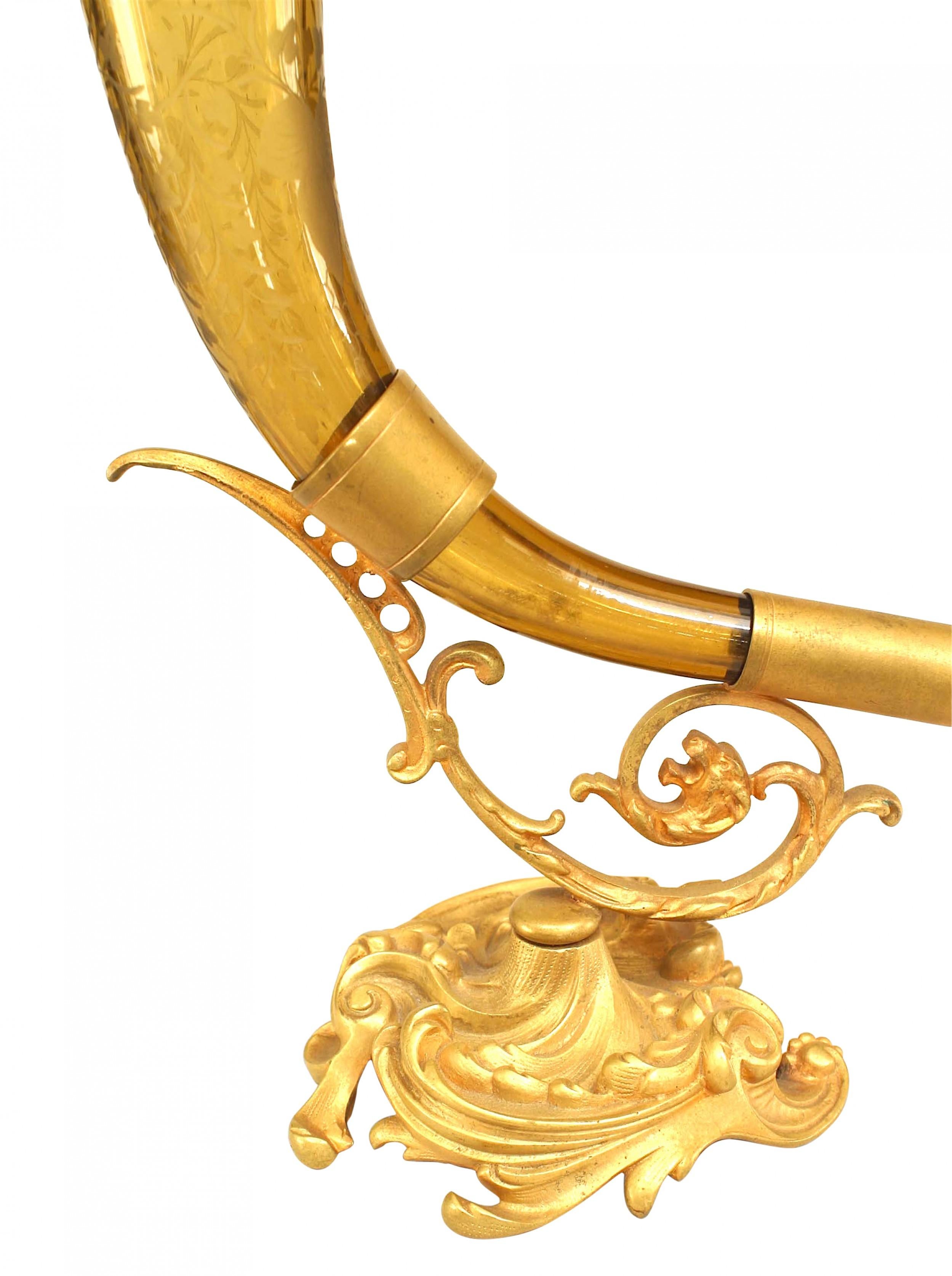 Etched French Victorian Amber Crystal Vase For Sale