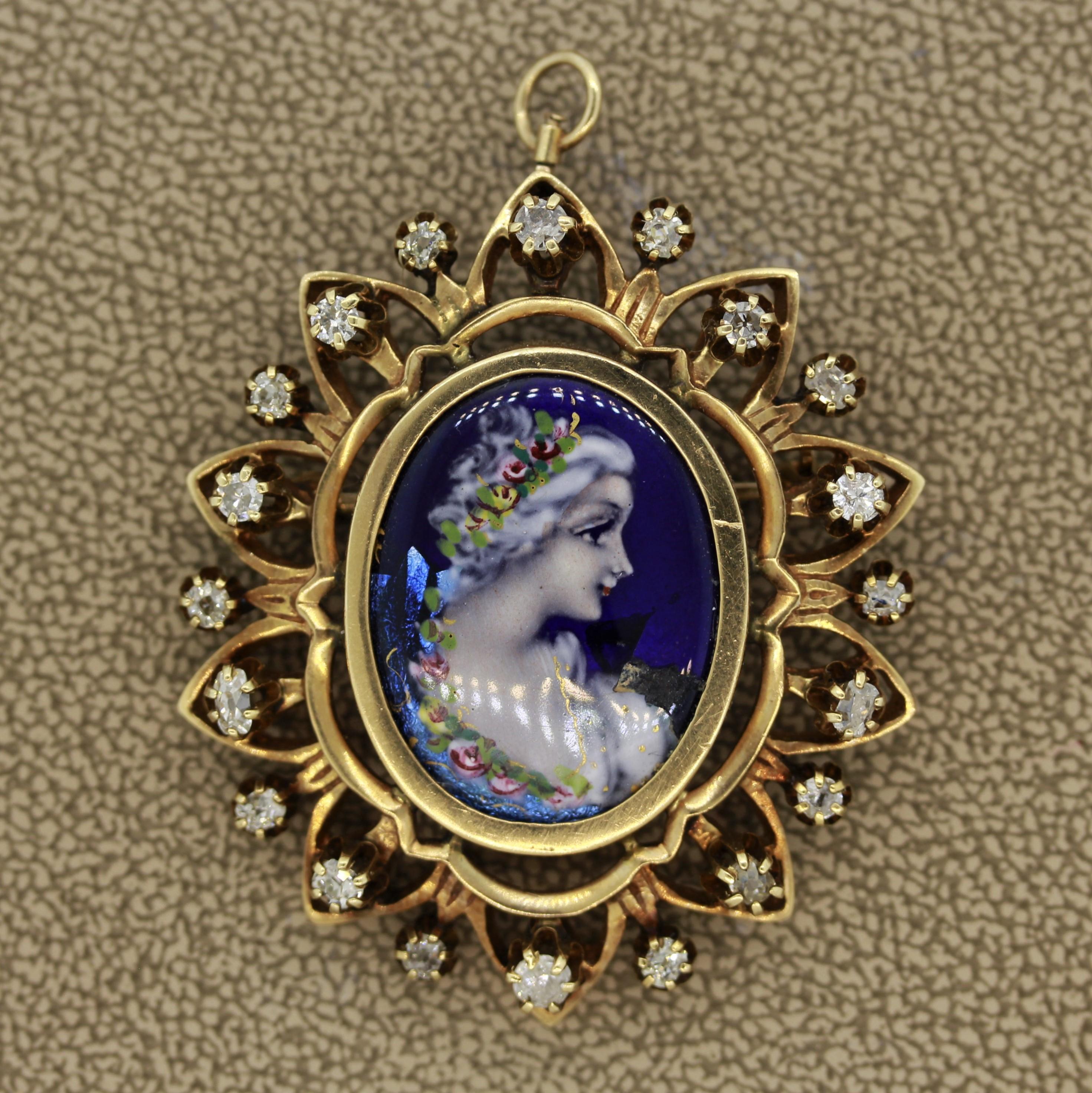A lovely example of Victorian design. This 19th century treasure features a hand painted porcelain depicting a royal woman in an elegant dress and flowers in her hair. The 14k yellow gold frame features 1.20 carats of antique cut diamonds. Hand