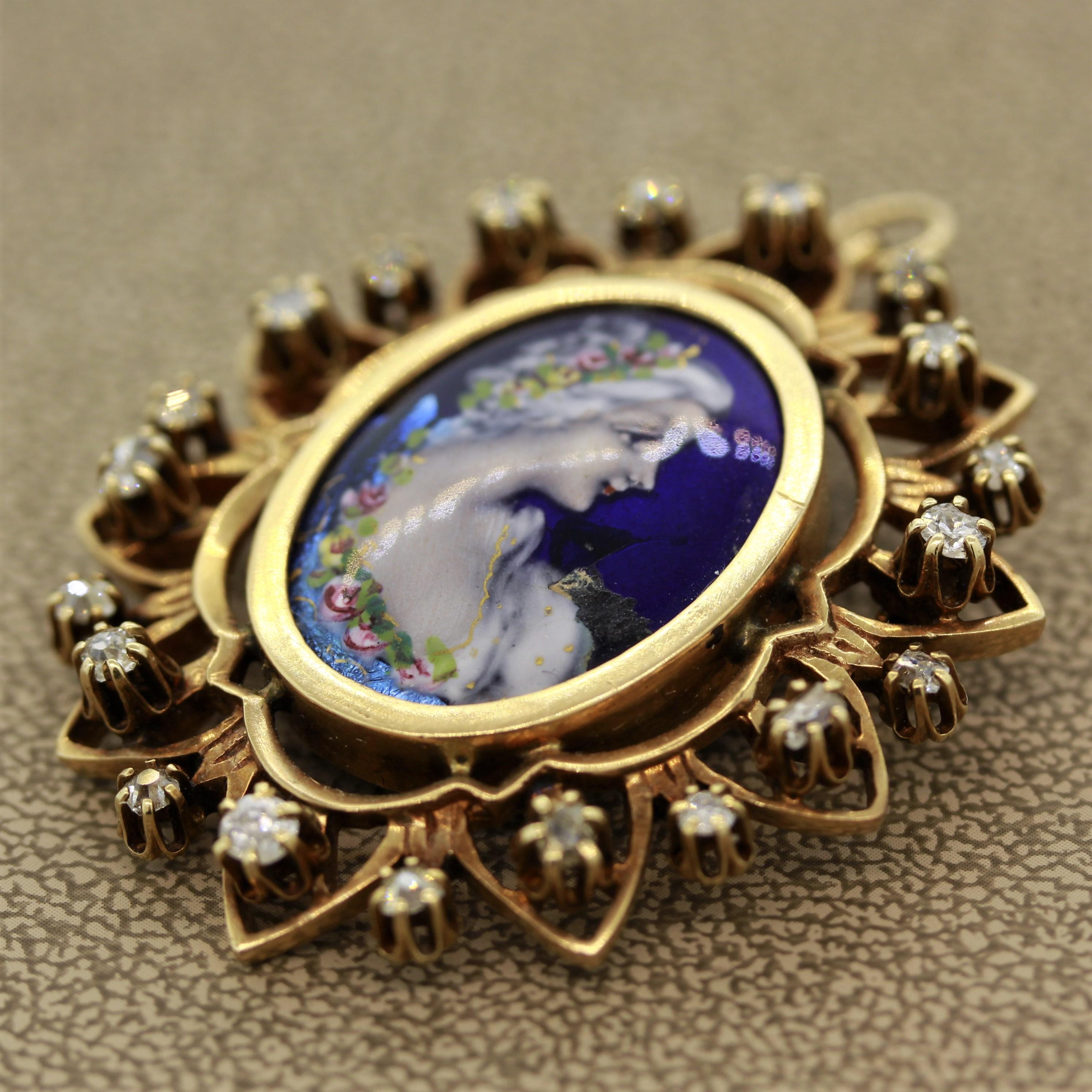 Round Cut French Victorian Antique Porcelain Diamond Gold Pendant-Brooch For Sale