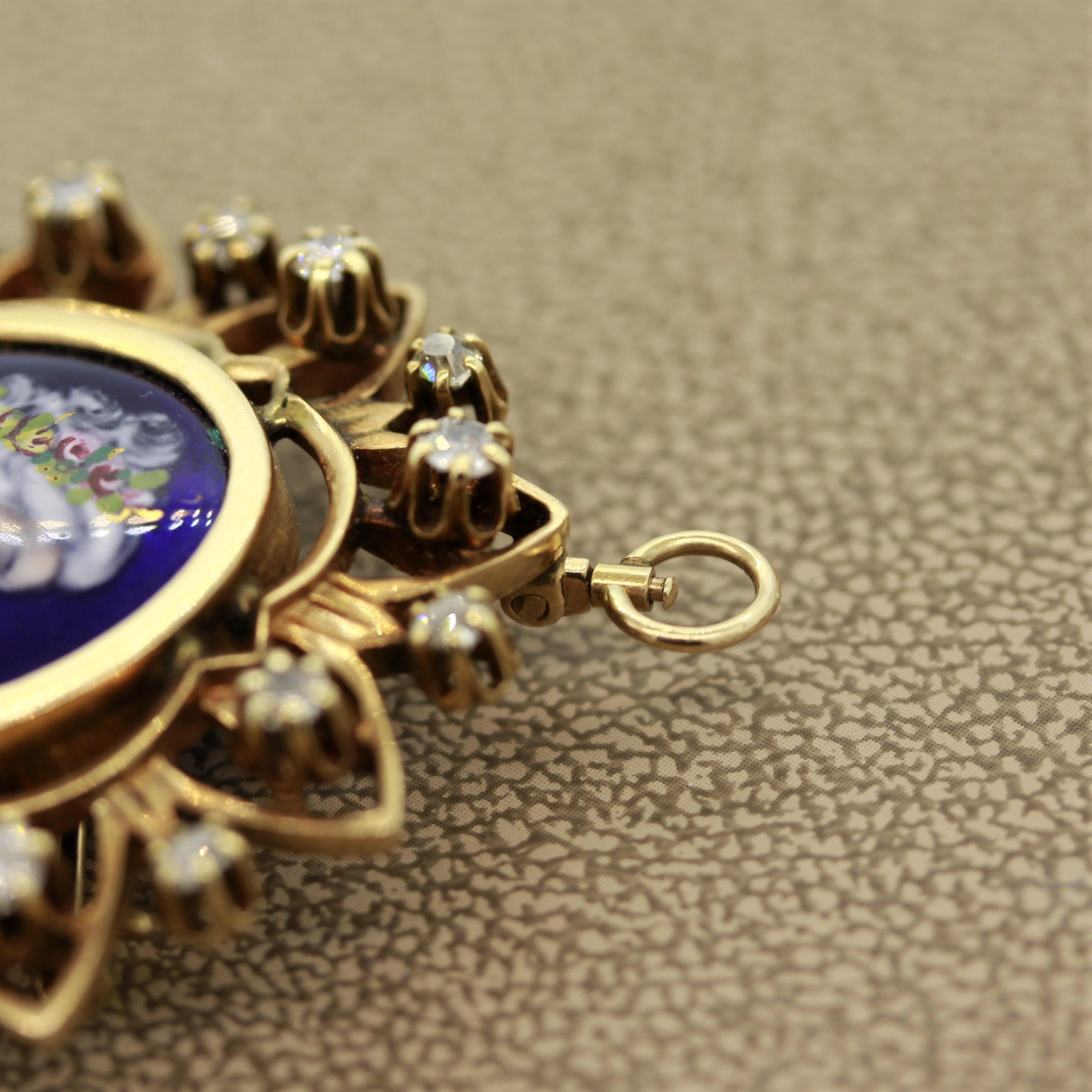 Französisch-viktorianische antike Porzellan-Diamant-Gold-Anhänger-Brosche (Rundschliff) im Angebot
