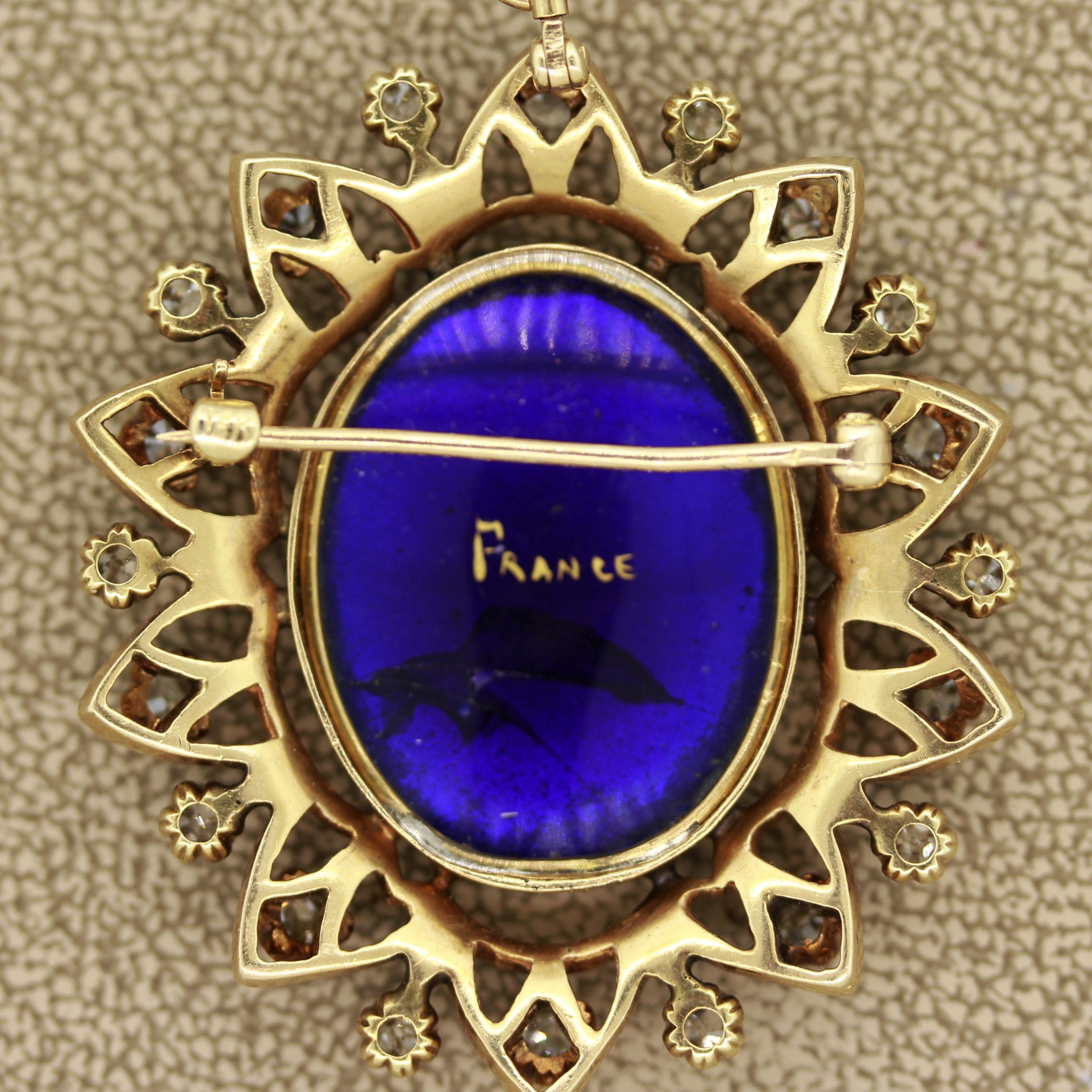 Französisch-viktorianische antike Porzellan-Diamant-Gold-Anhänger-Brosche Damen im Angebot