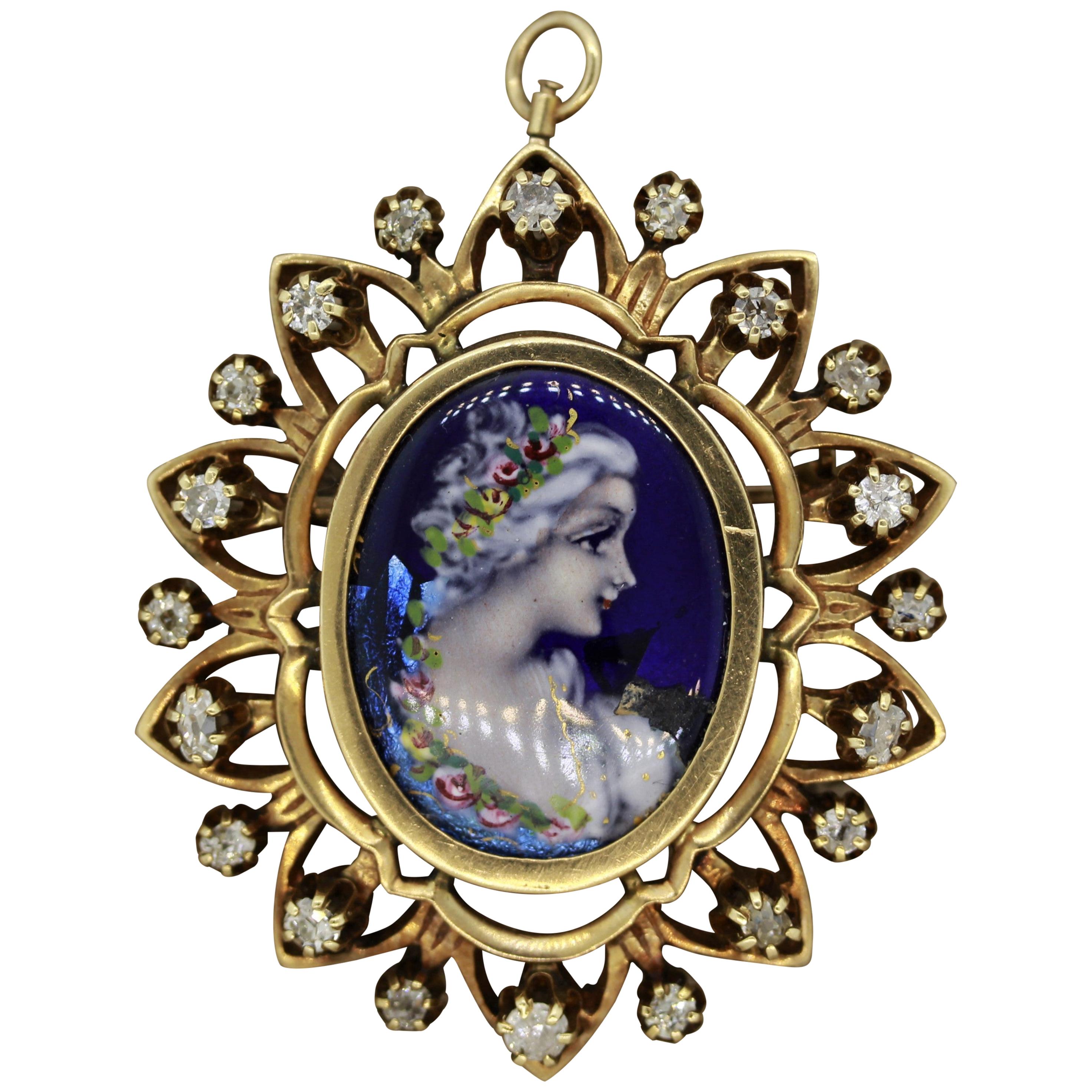 French Victorian Antique Porcelain Diamond Gold Pendant-Brooch