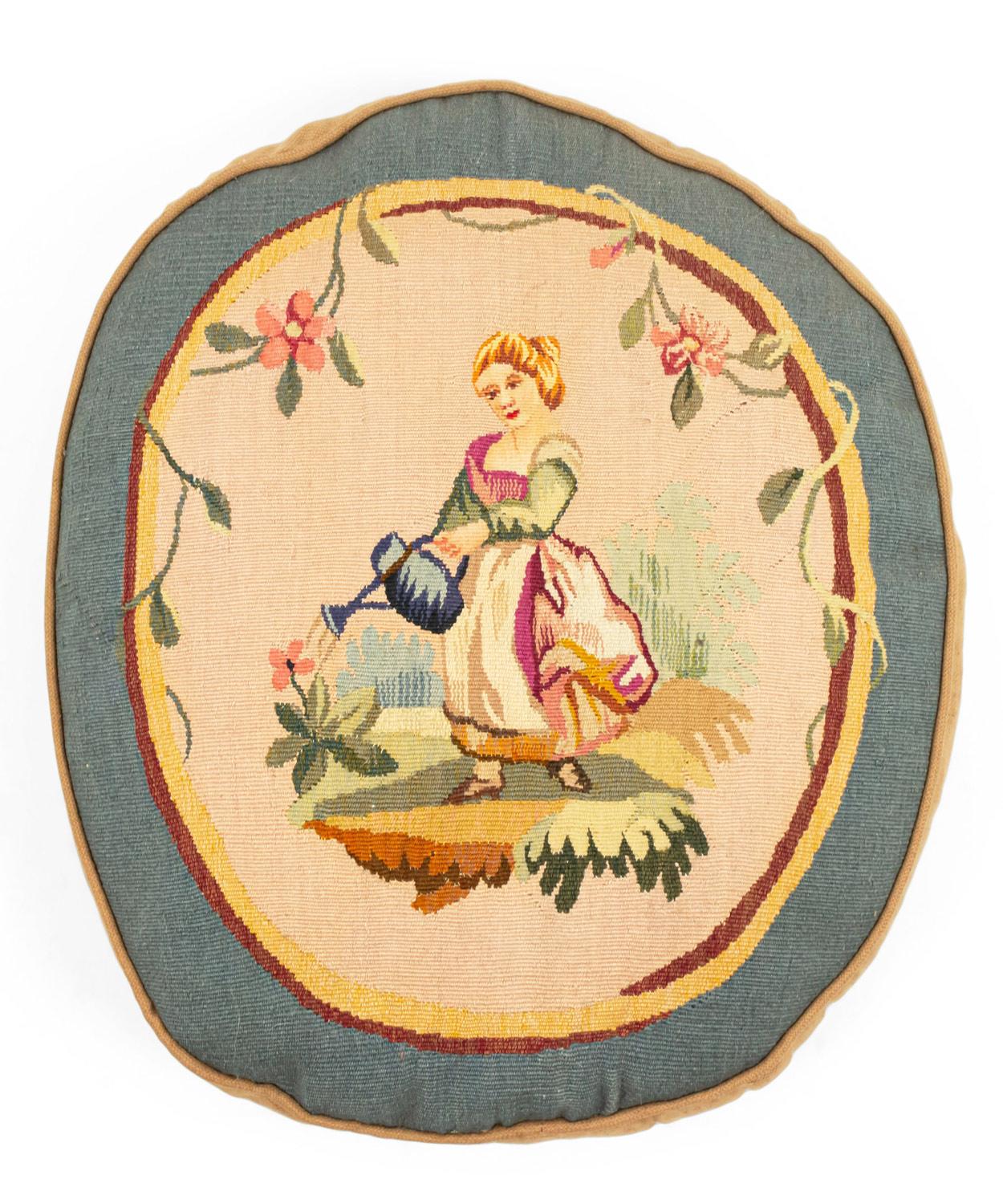 French Victorian Aubusson Pillow with Blue Border For Sale