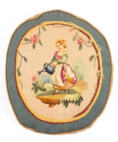 French Victorian Aubusson Pillow with Blue Border