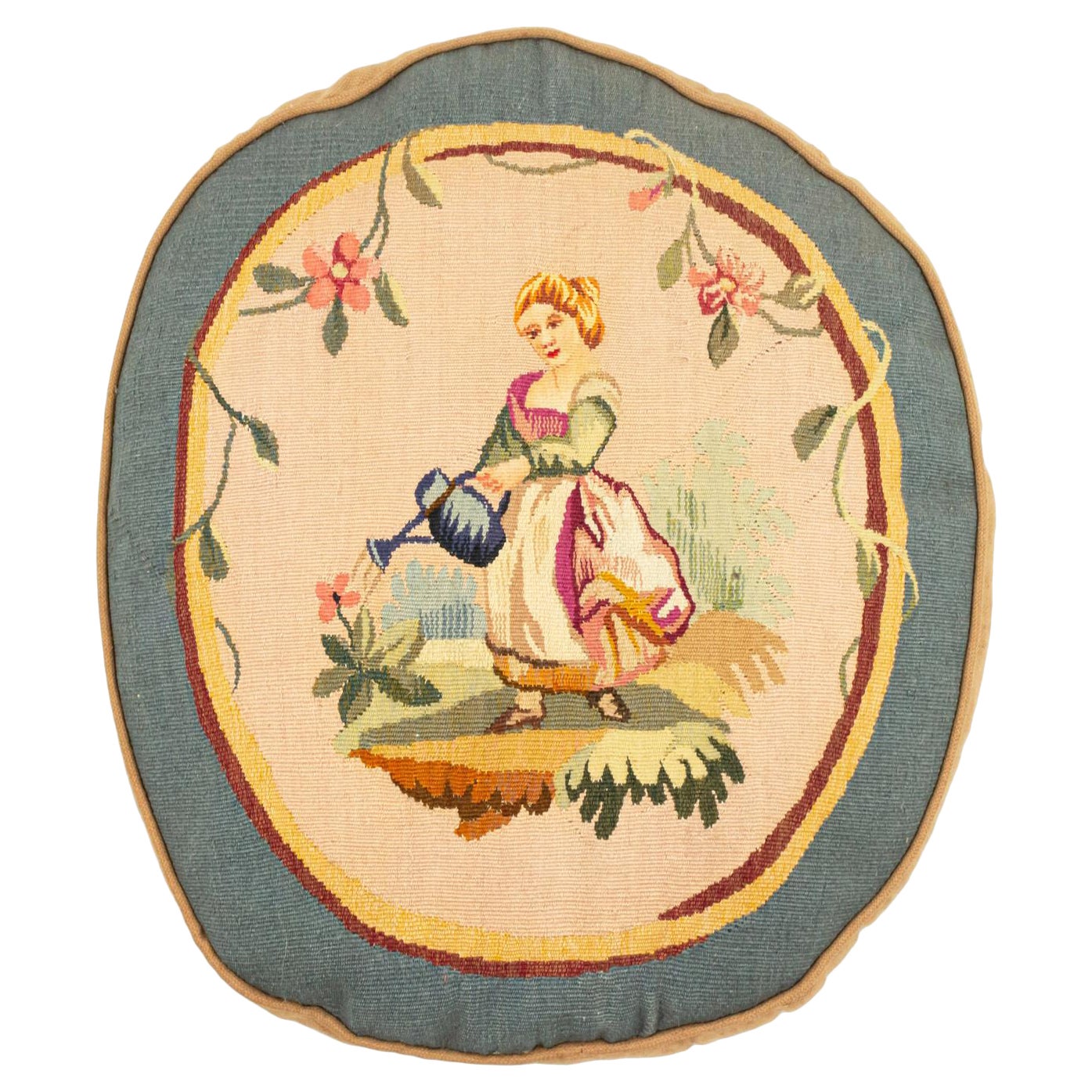 Französisches viktorianisches Aubusson-Kissen mit blauer Bordüre