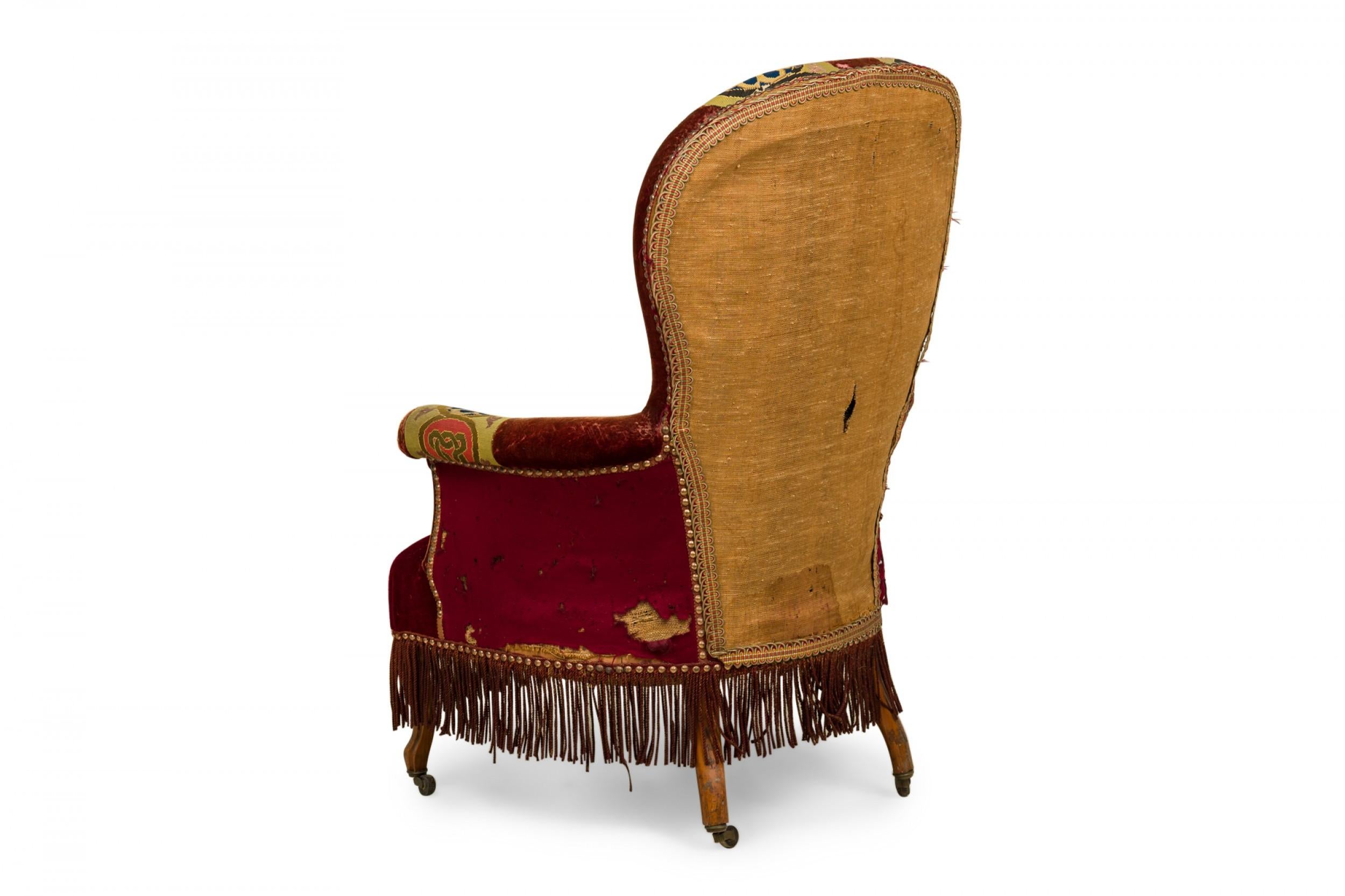 French Victorian Balloon Back Red and Beige Striped Upholstered Armchair In Good Condition In New York, NY