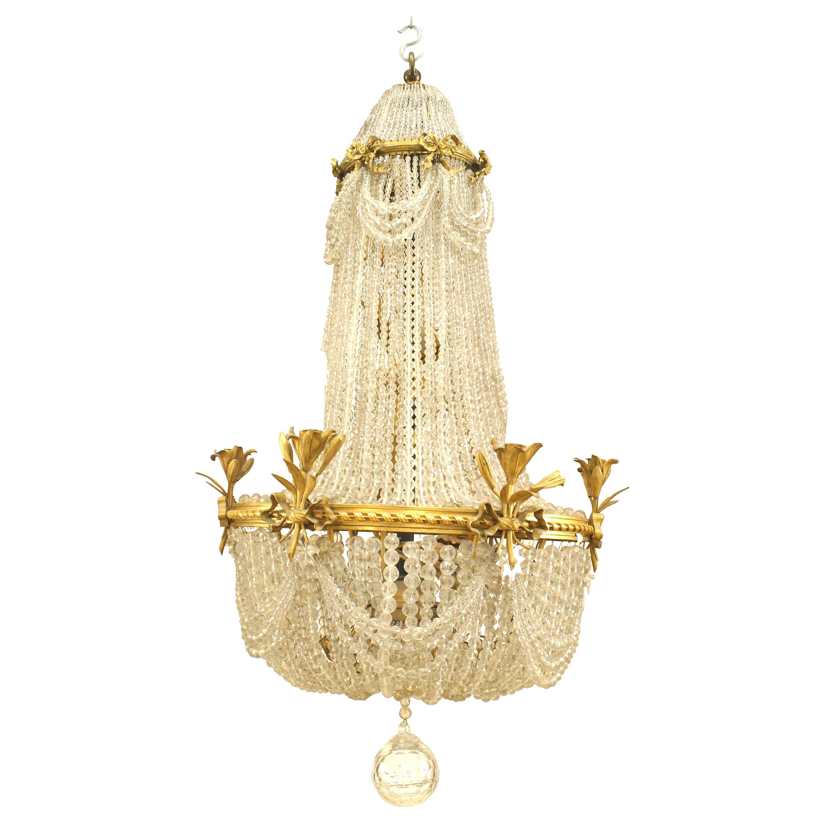 French Victorian Beaded Crystal and Brass Chandelier