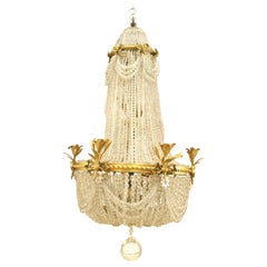 Antique French Victorian Beaded Crystal and Brass Chandelier