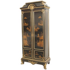 French Victorian Black Lacquered Chinoiserie Armoire