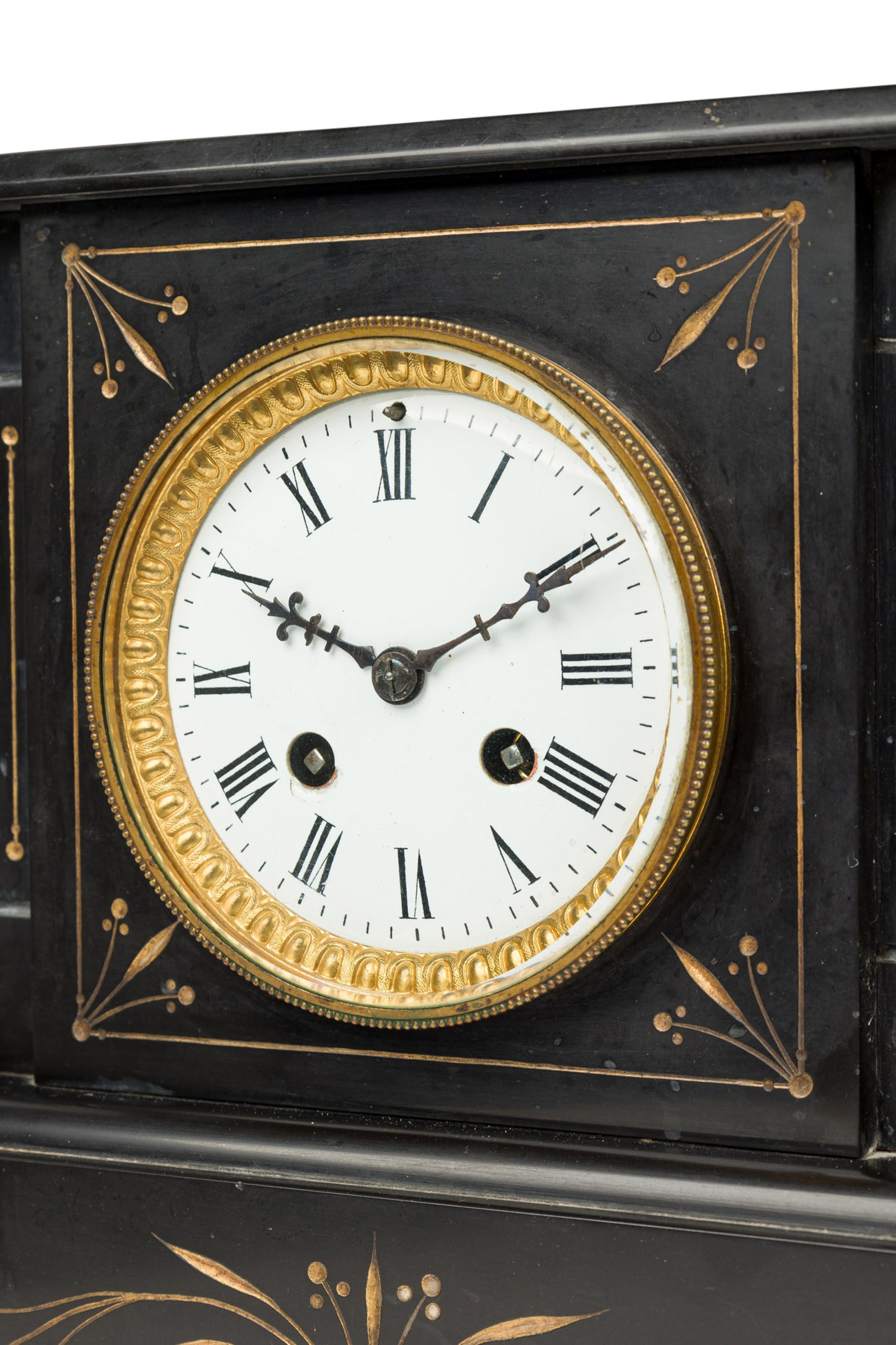 French Victorian Black Mantle Clock For Sale 4