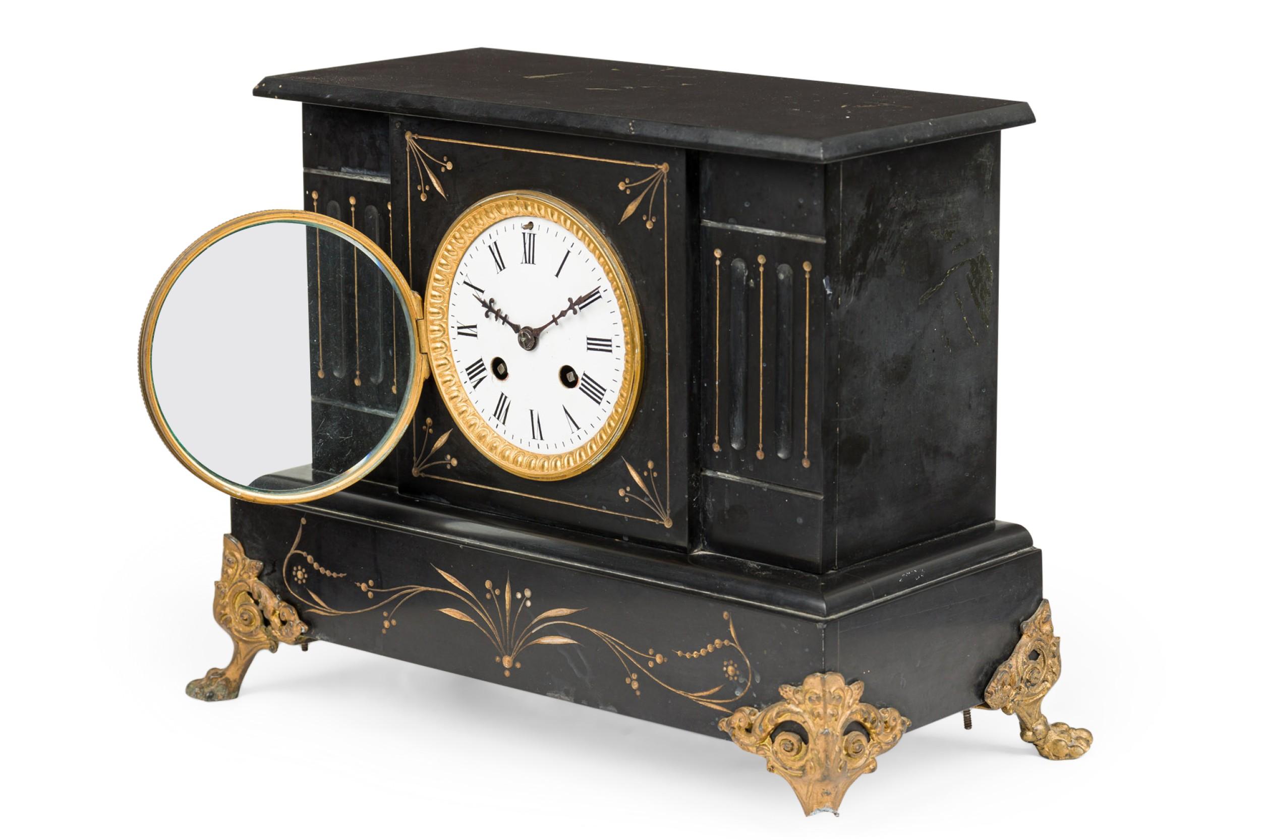 Brass French Victorian Black Mantle Clock For Sale