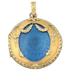 French Victorian blue enamel guilloche locket, 18k round photo holder pendant