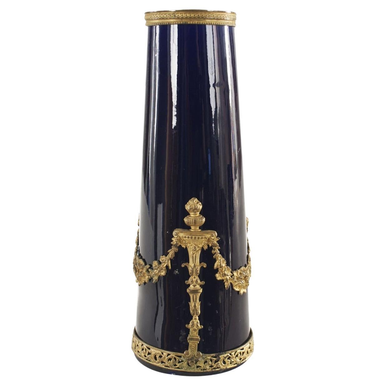 French Victorian Blue Porcelain and Bronze Vase