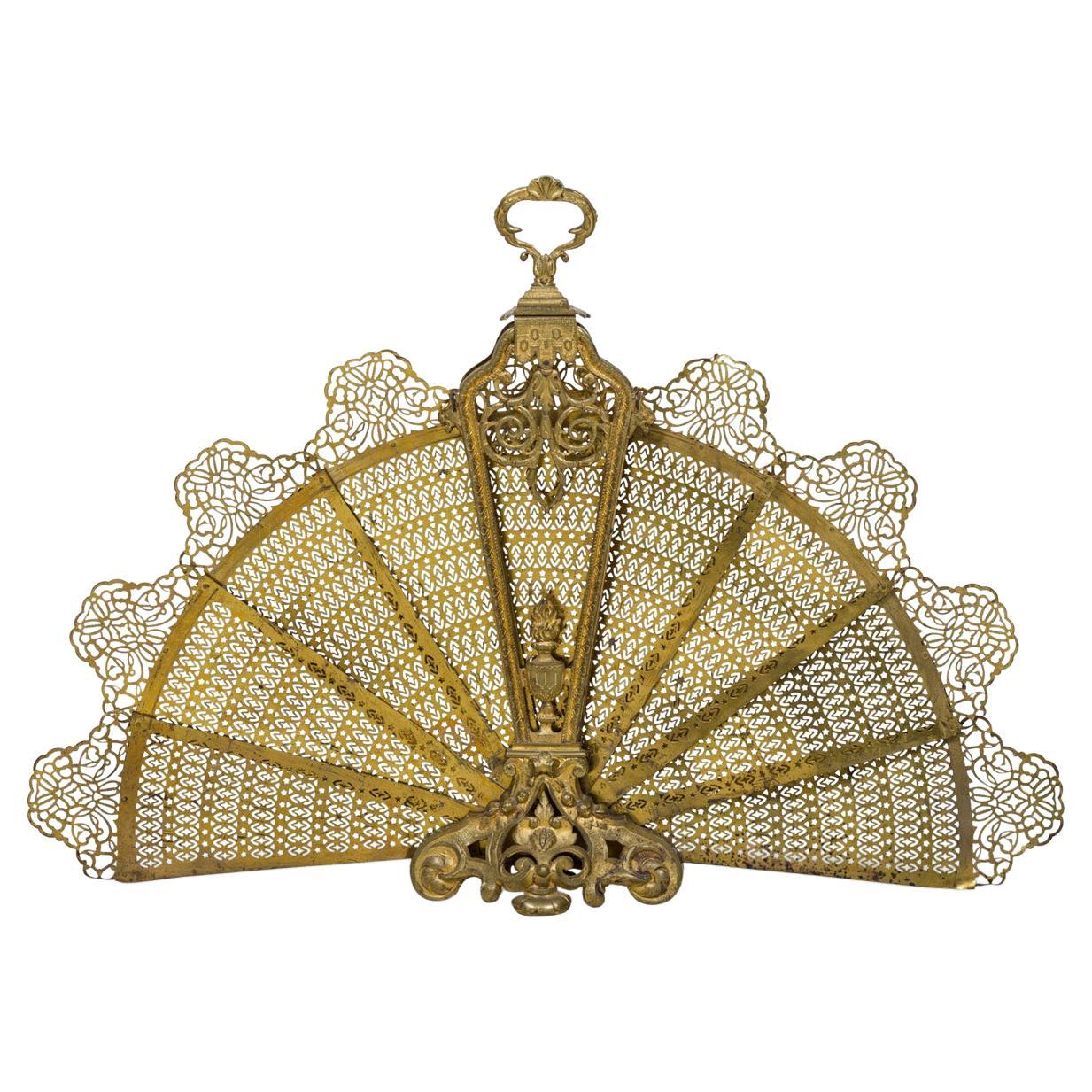 French Victorian Brass Fan Fire Screen