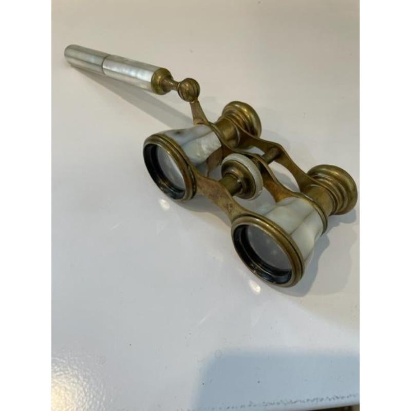 French Victorian mother of pearl and brass opera glasses with handle