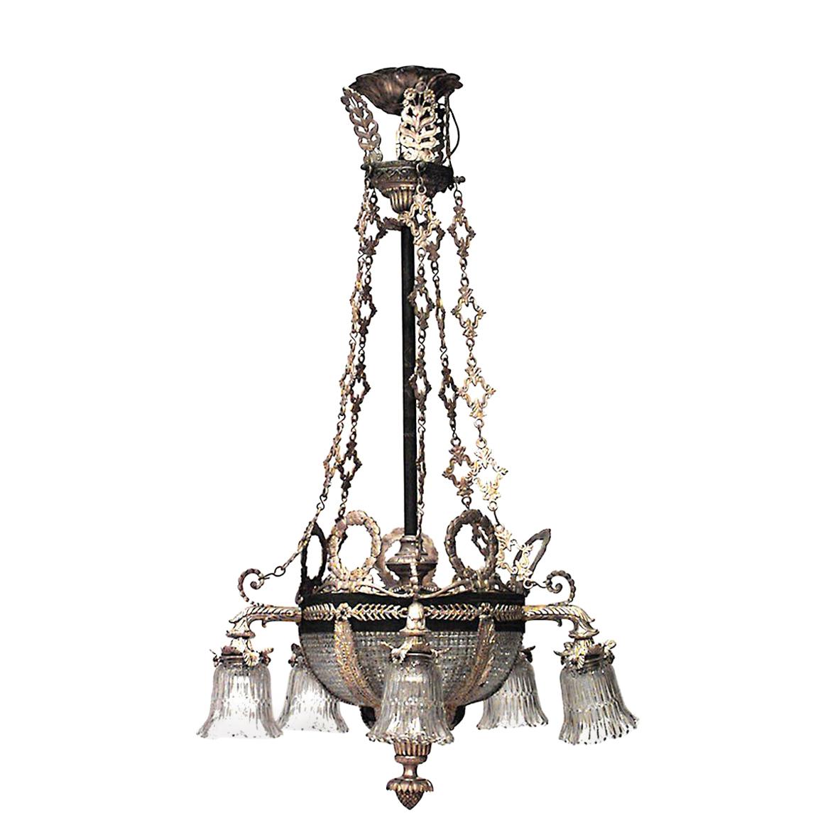 French Victorian Bronze Dore and Crystal Bowl Chandelier For Sale