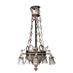 Antique French Victorian Bronze Dore and Crystal Bowl Chandelier