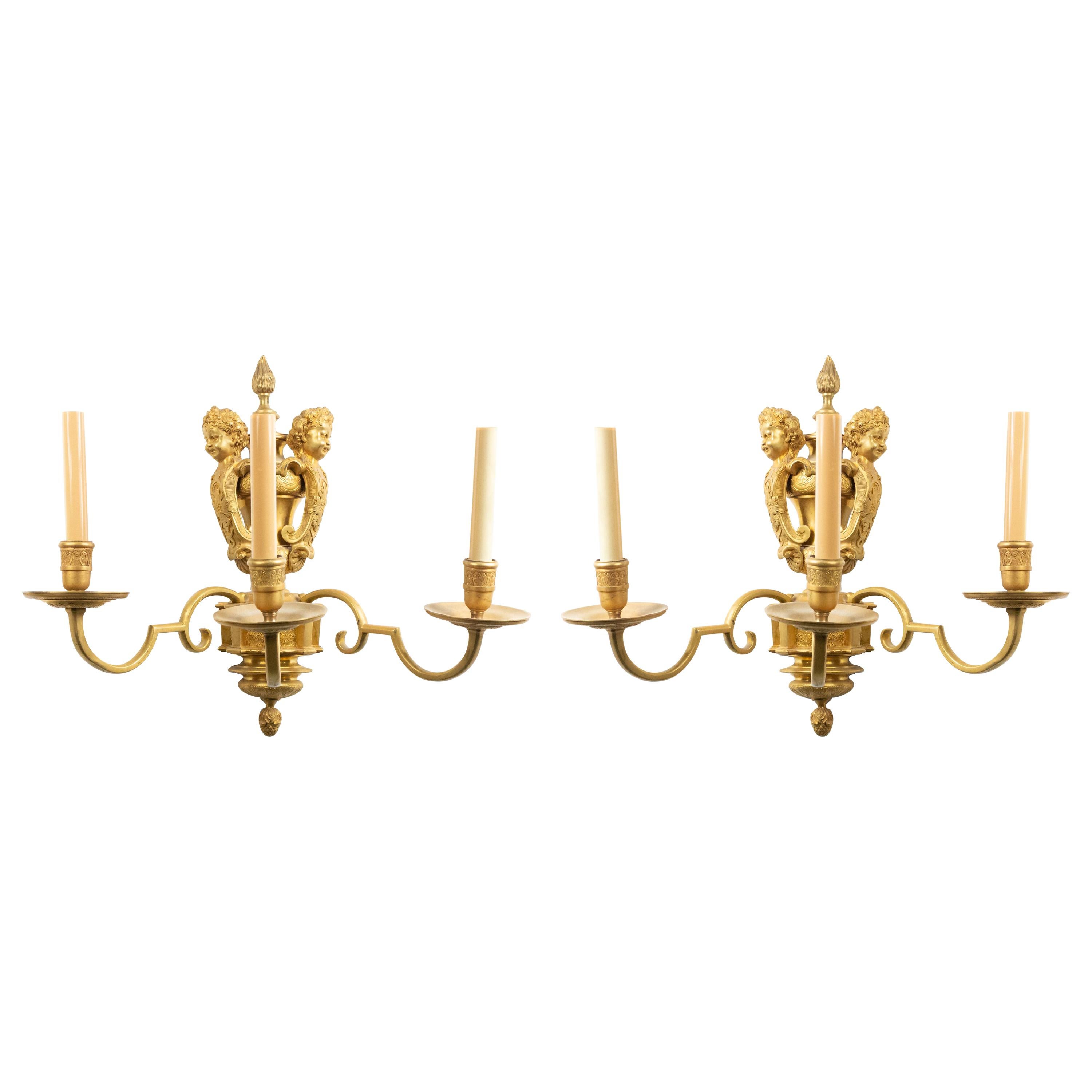 French Victorian Bronze Doré Cherub Wall Sconces For Sale