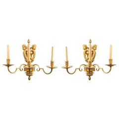 French Victorian Bronze Doré Cherub Wall Sconces