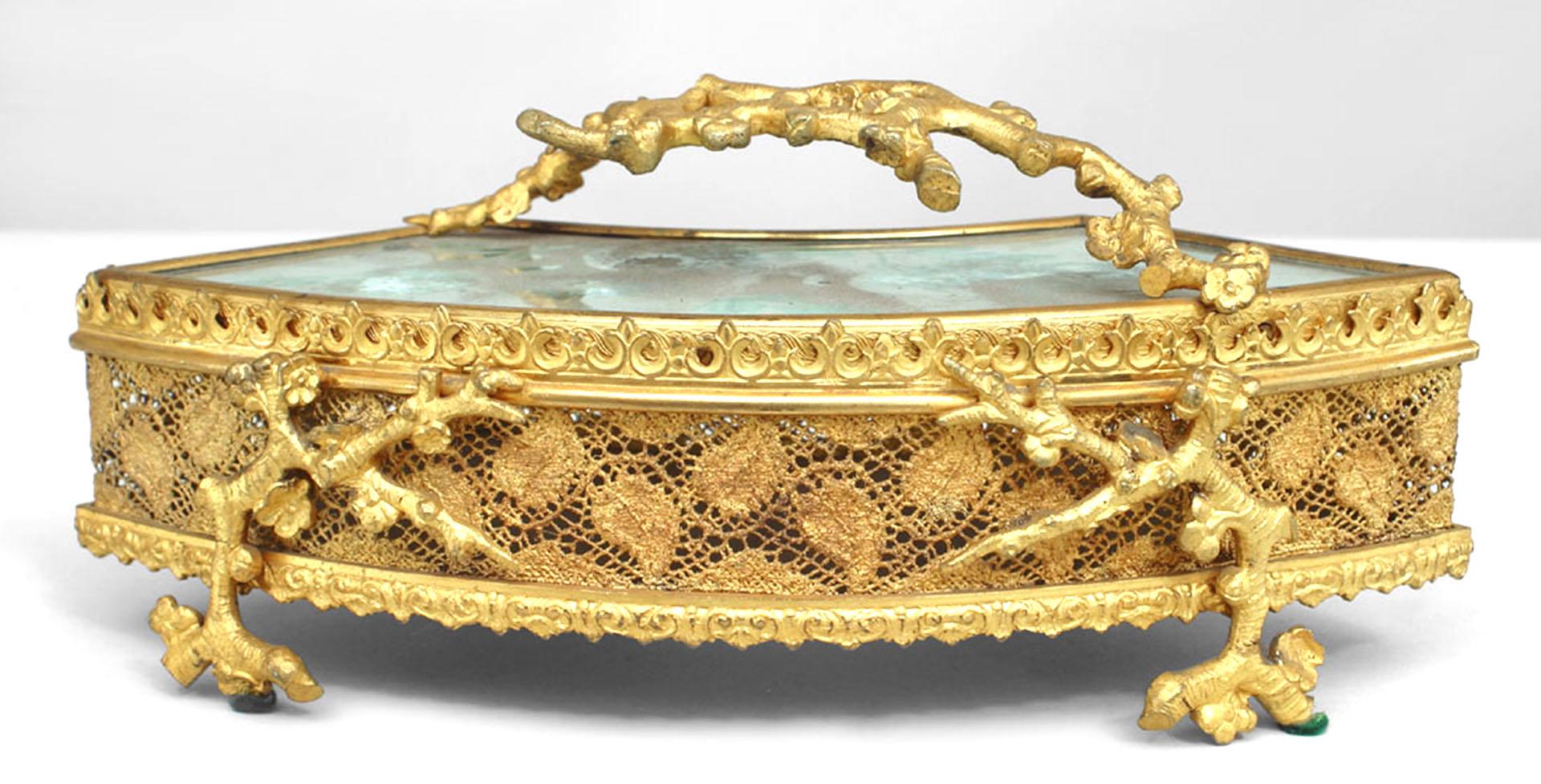 French Victorian bronze dore fan shaped box with faux bamboo trim and filigree sides with green floral painted top
