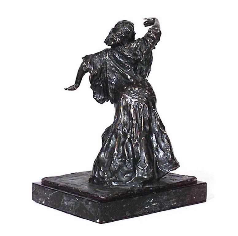 French Victorian bronze figure of woman in long dress with raised hand on green marble base (signed RUNDIGION MORAUS)
