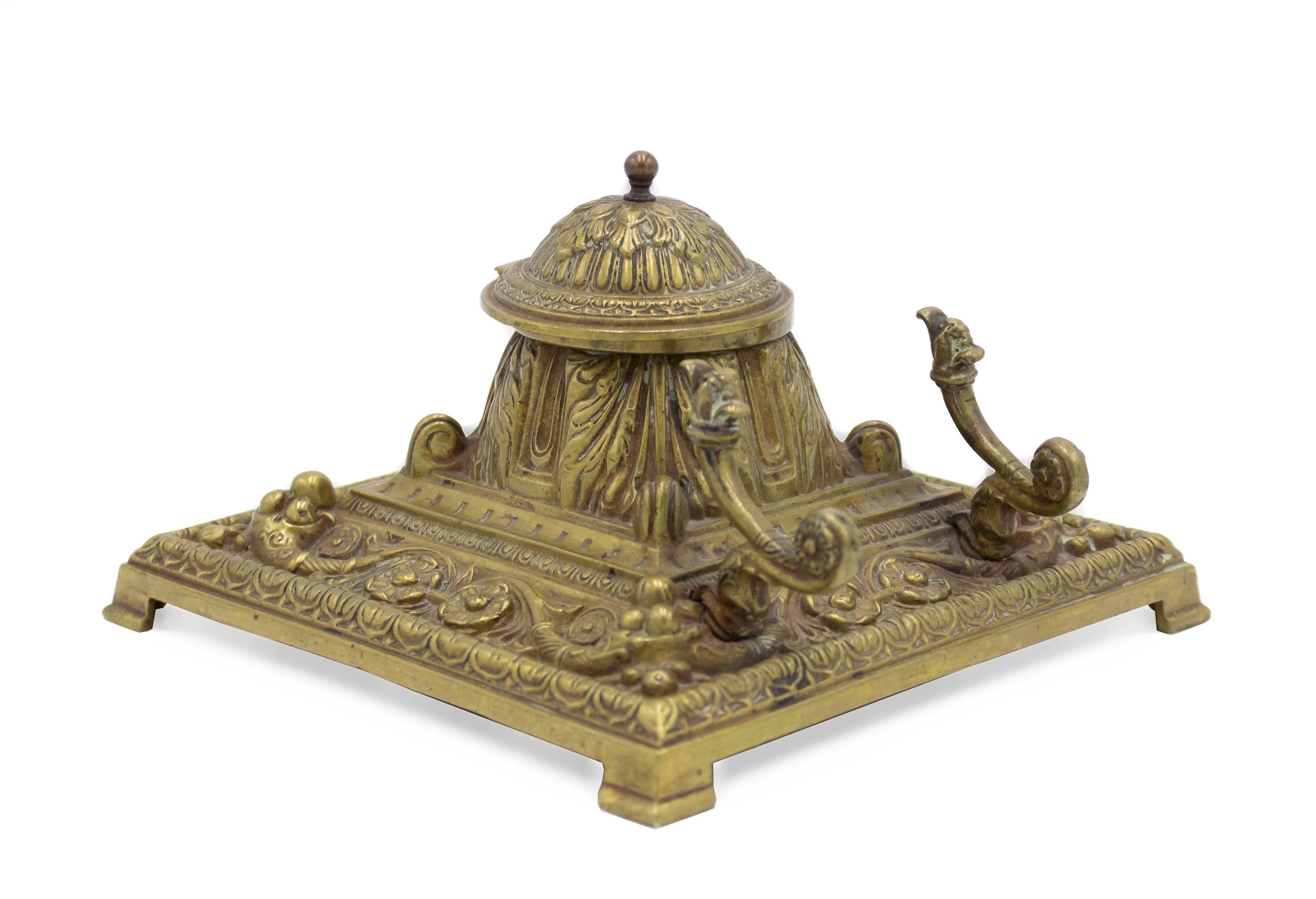 French Victorian bronze square inkwell with 2 cornucopia pen holders.
 