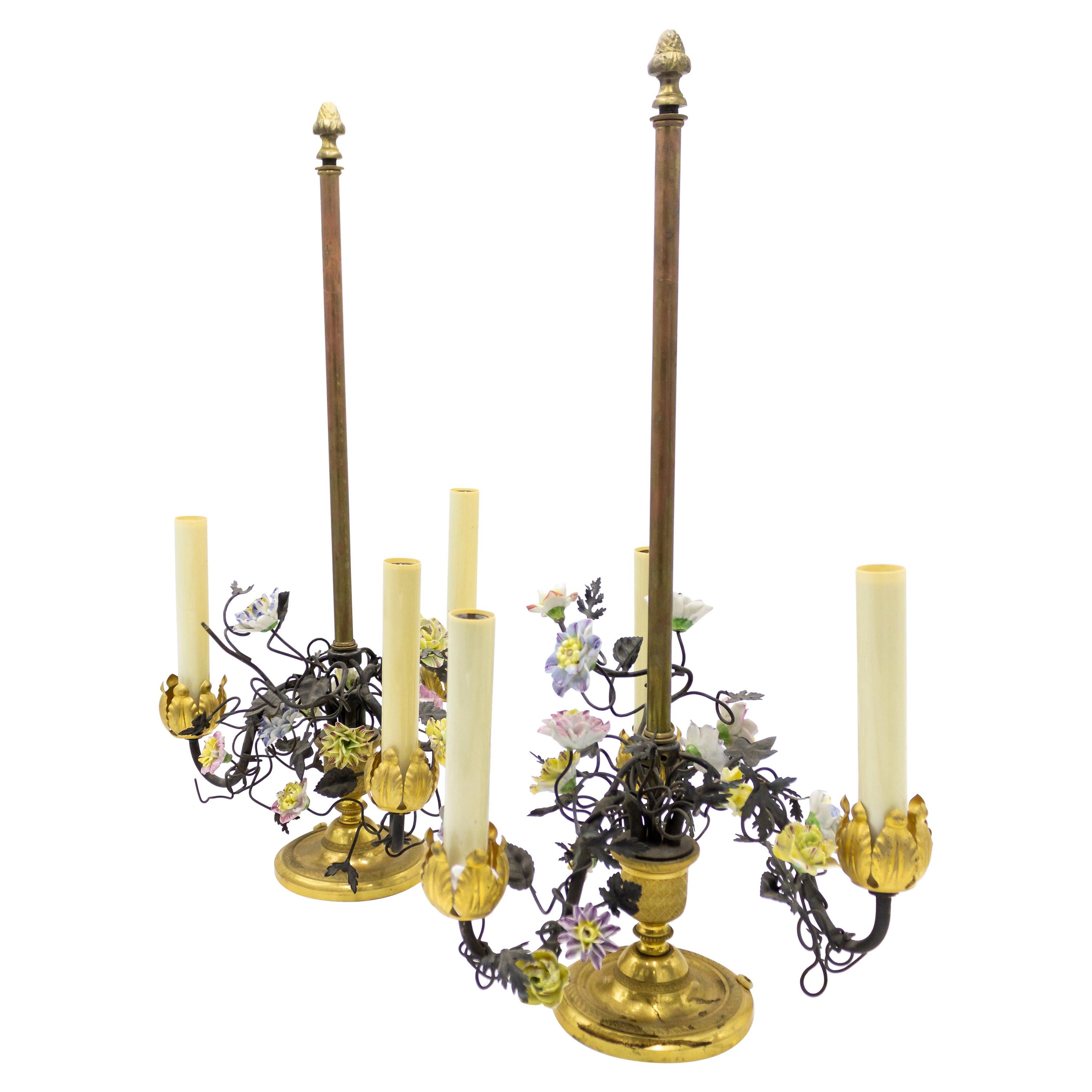 French Victorian Bronze Table Lamps with Porcelain Flowers For Sale