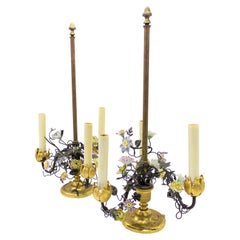 French Victorian Bronze Table Lamps with Porcelain Flowers