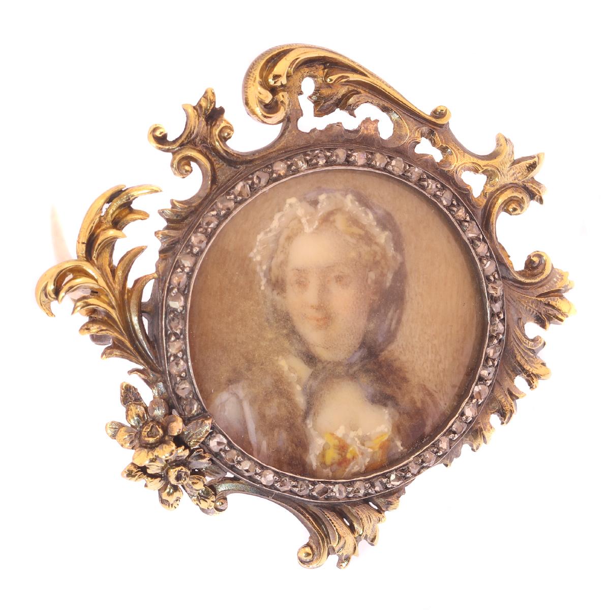 Romantic French Victorian Brooch Painted Miniature of Madame de Pompadour in Gold Frame