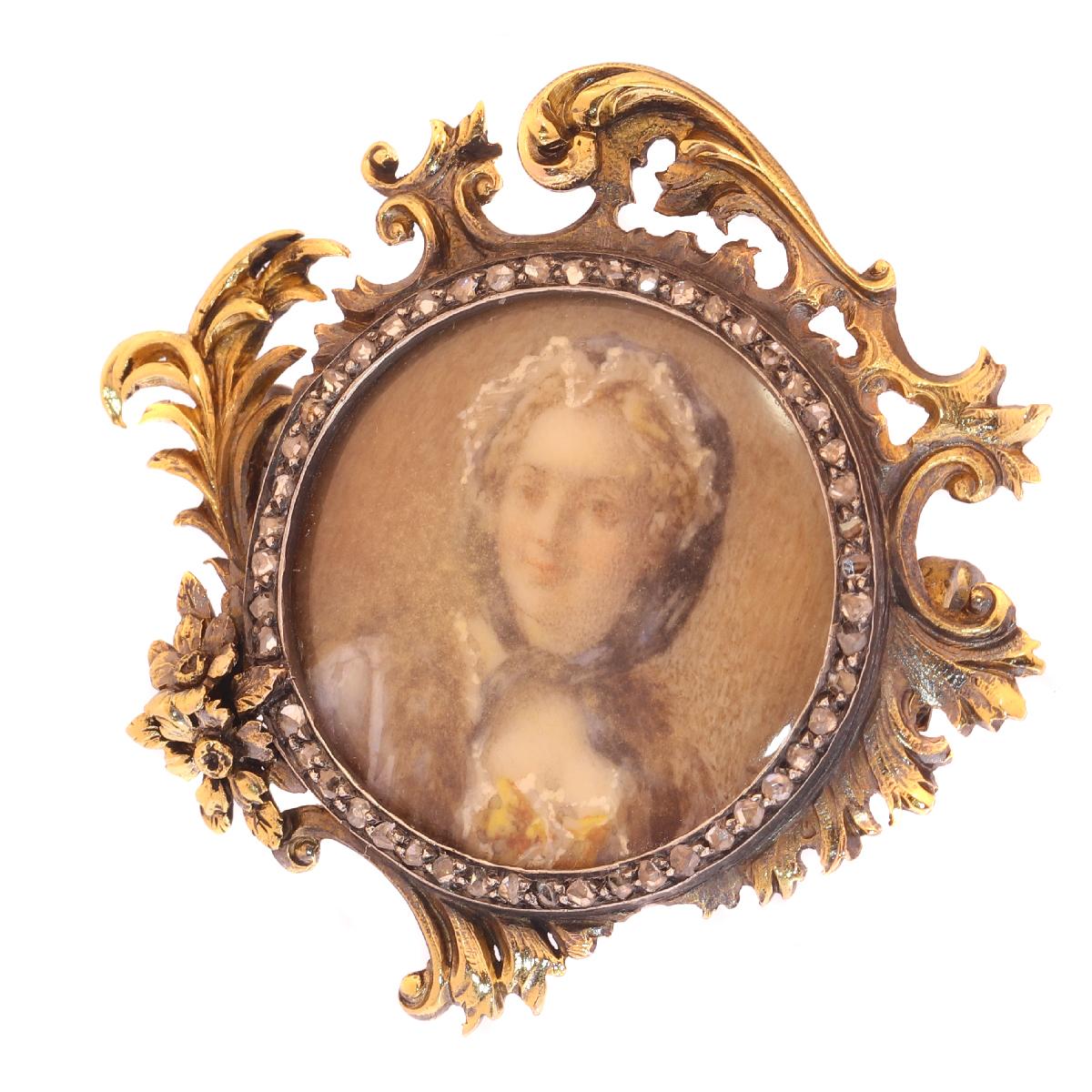 Women's or Men's French Victorian Brooch Painted Miniature of Madame de Pompadour in Gold Frame