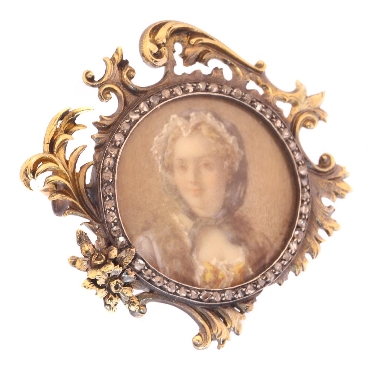 French Victorian Brooch Painted Miniature of Madame de Pompadour in Gold Frame 1
