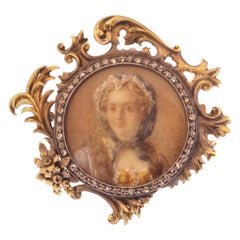 French Victorian Brooch Painted Miniature of Madame de Pompadour in Gold Frame