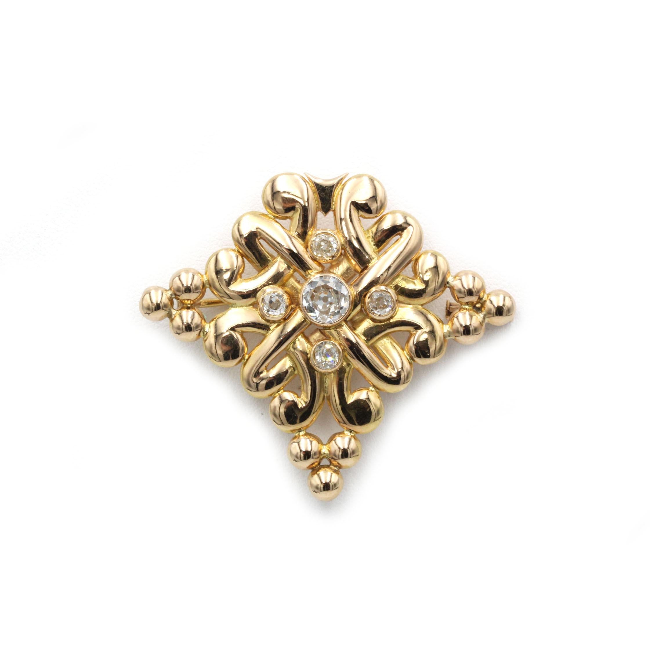 Old European Cut French Victorian (c. 1880–1900) 18K Gold & Antique Diamond Fleuron Brooch For Sale